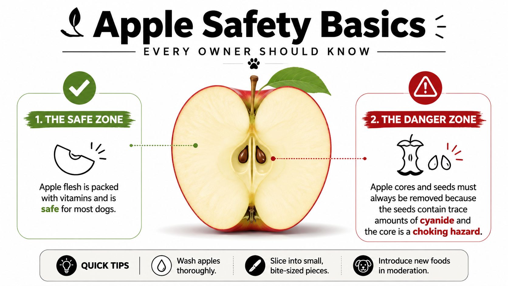An infographic showing that apple flesh is safe for dogs, while cores and seeds are dangerous.