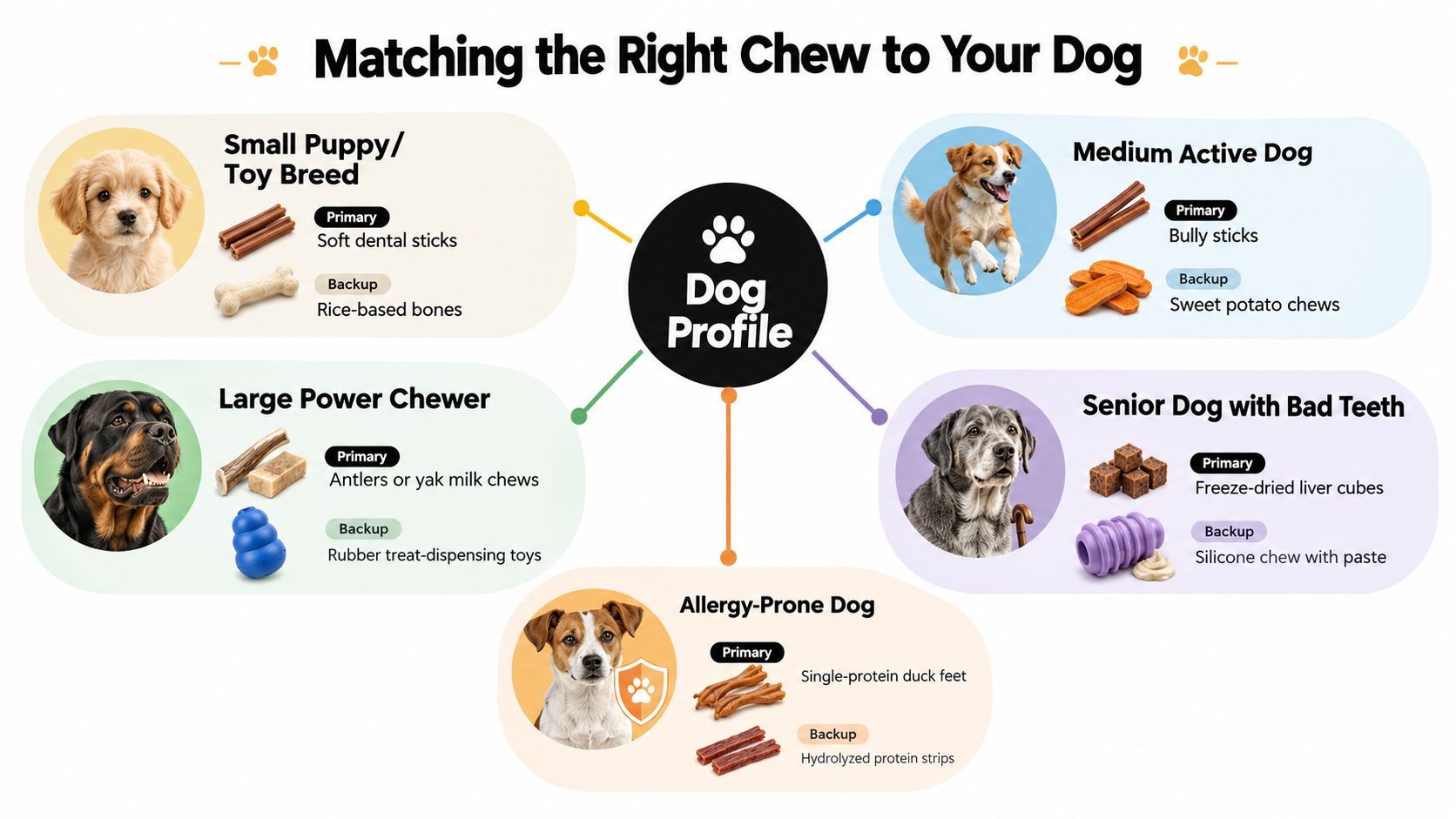 A helpful infographic guide matching various dog profiles, like puppies or seniors, with appropriate chew treat recommendations.