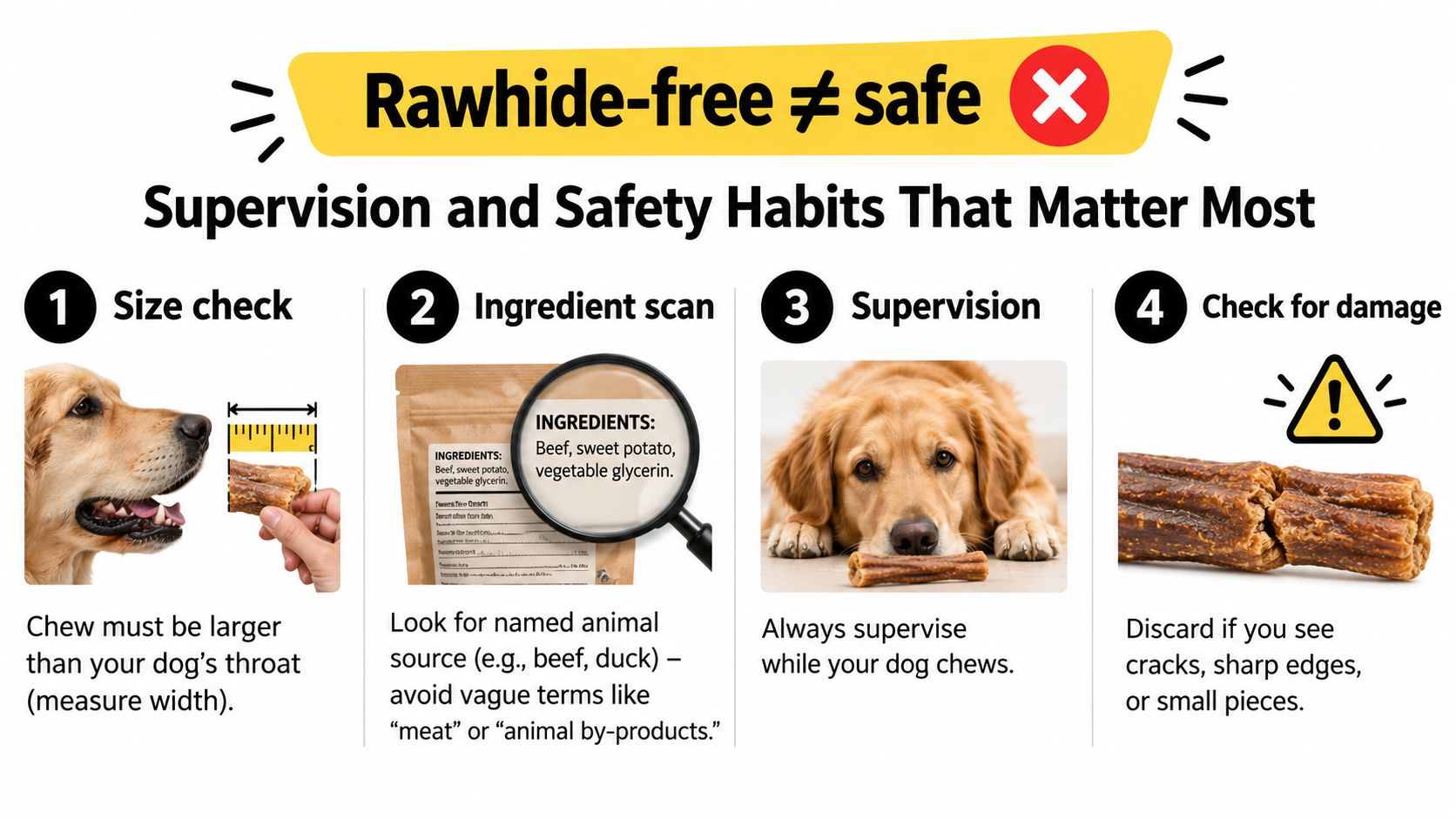 An infographic showing four essential safety tips for giving dogs raw-hide free chews and treats.