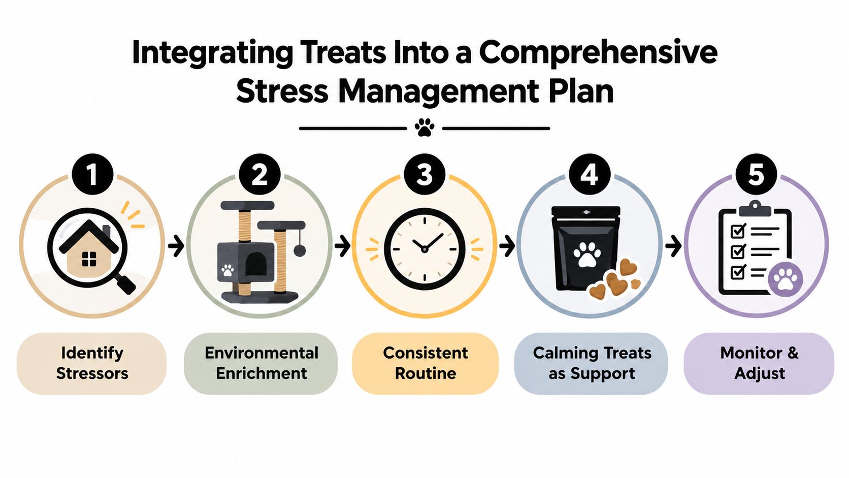 A step-by-step infographic titled Integrating Treats Into a Comprehensive Stress Management Plan for pets.