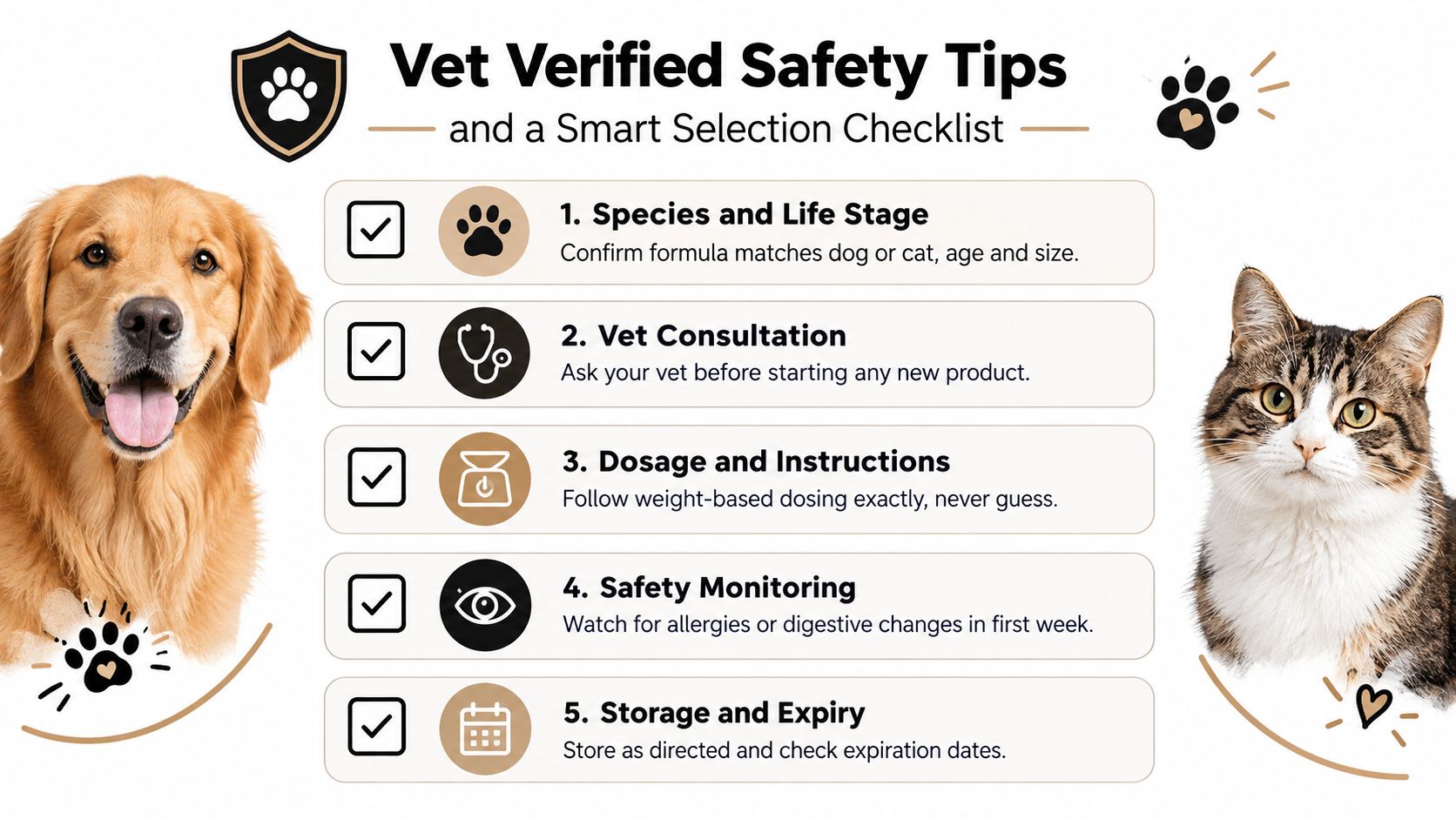 An infographic titled Vet Verified Safety Tips with five steps for selecting and using pet health products.