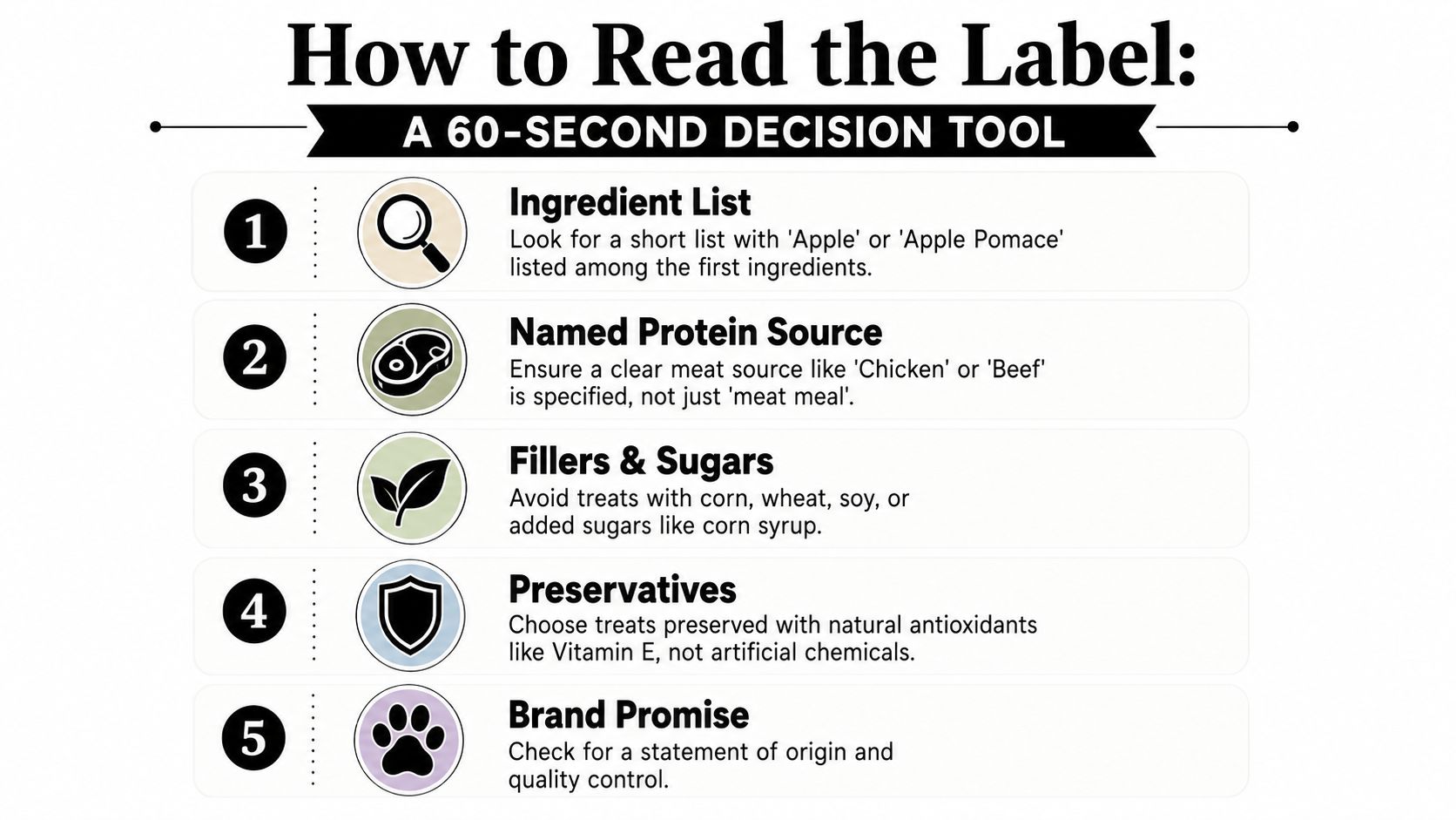 An infographic titled How to Read the Label providing a five-step guide for choosing healthy dog treats.
