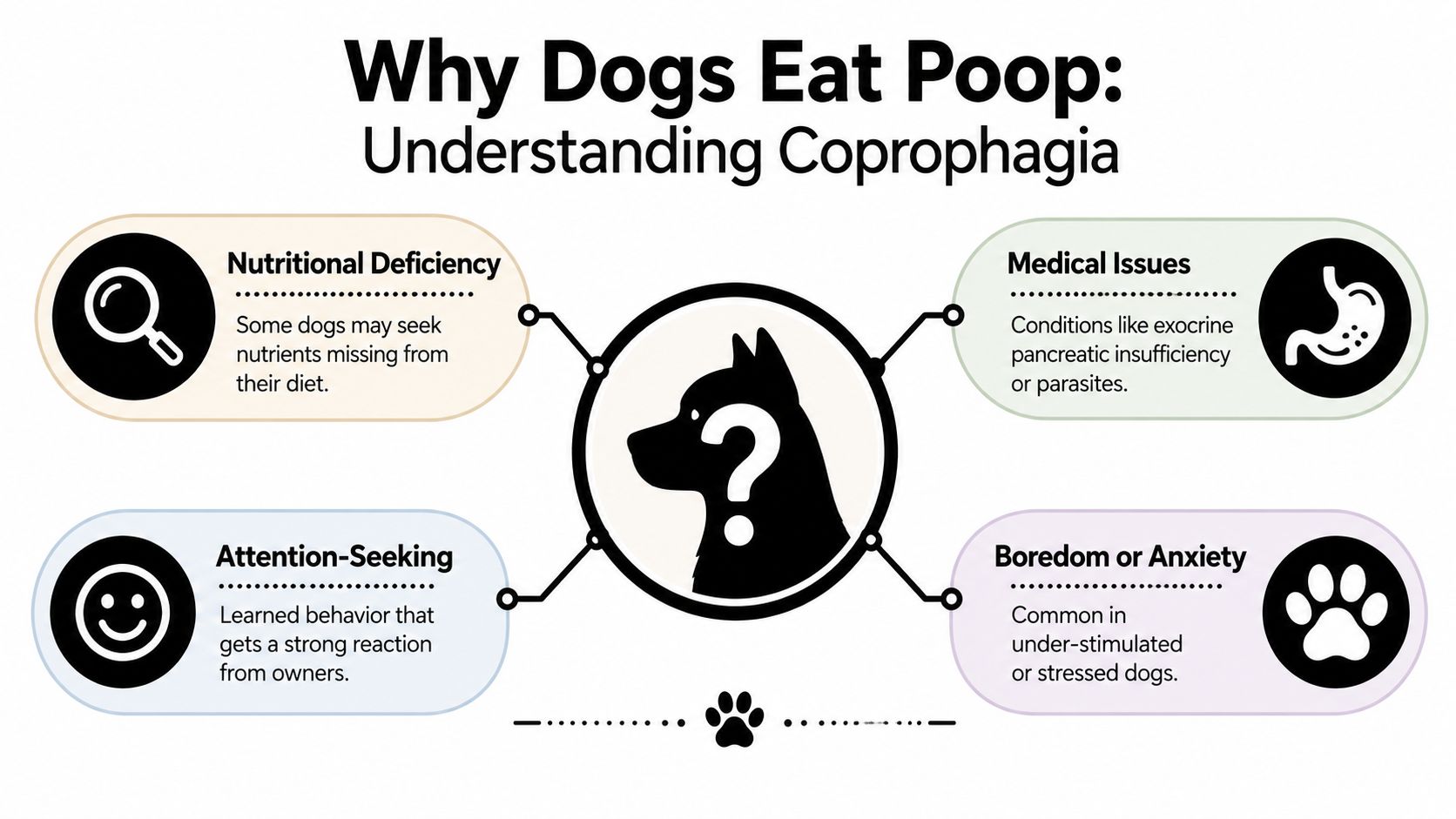 An infographic titled Why Dogs Eat Poop explaining four common causes of coprophagia in dogs.
