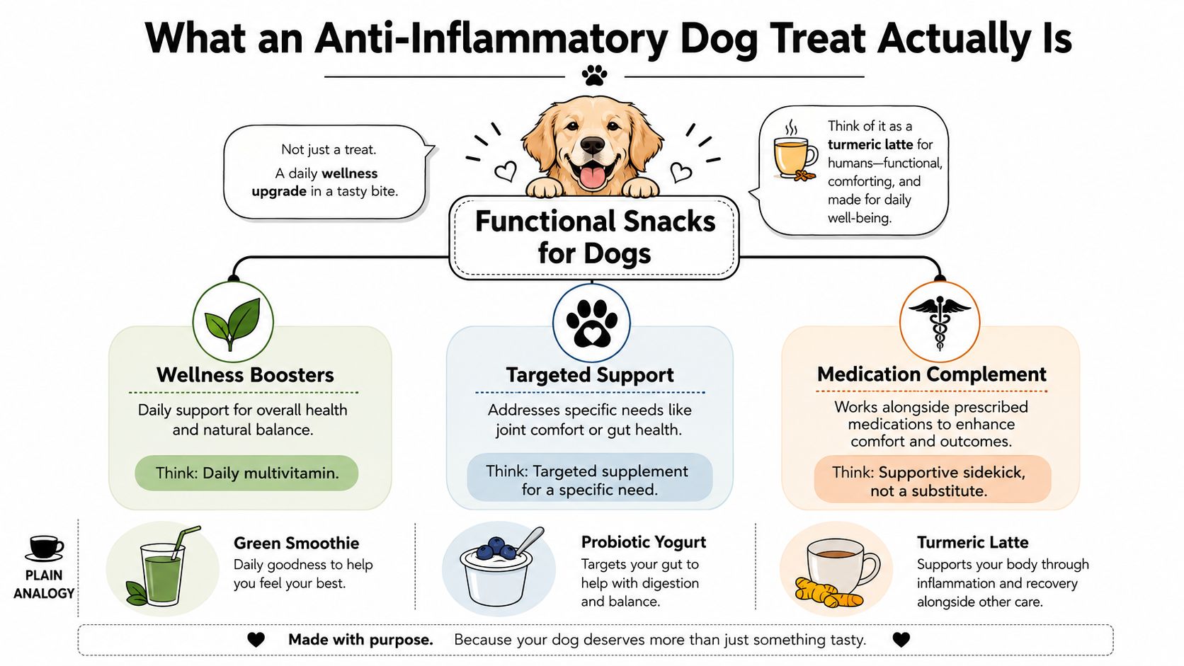 An infographic explaining that anti-inflammatory dog treats are functional snacks providing daily wellness, targeted support, and medication complements.