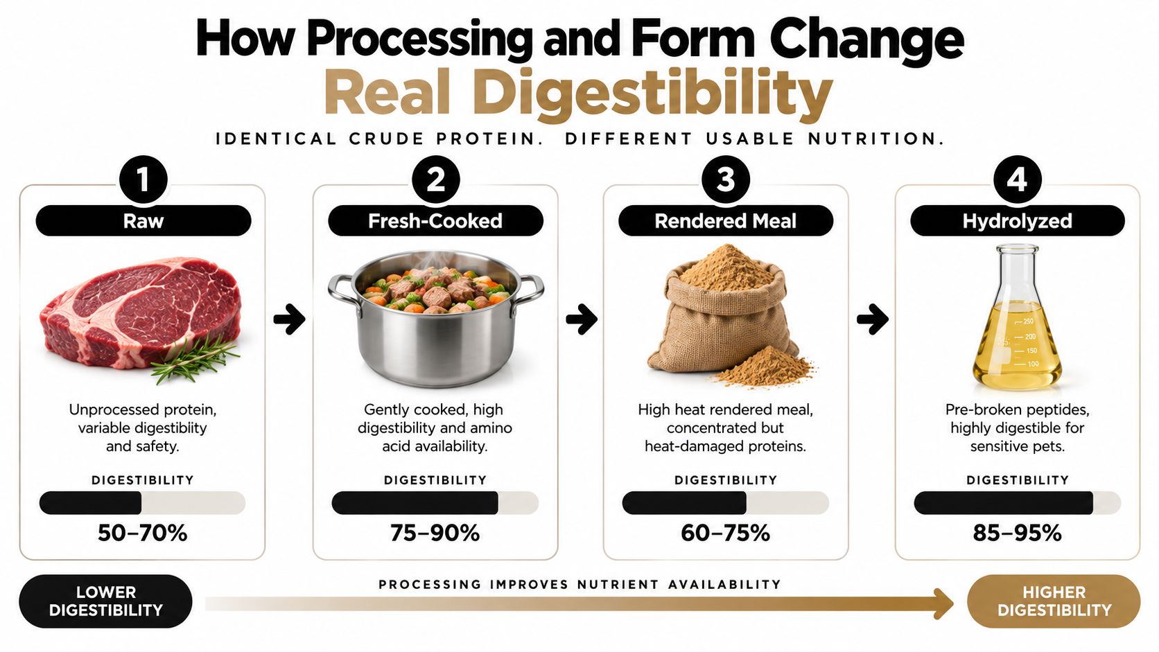 A diagram comparing the digestibility levels of different pet food processing methods from raw to hydrolyzed.