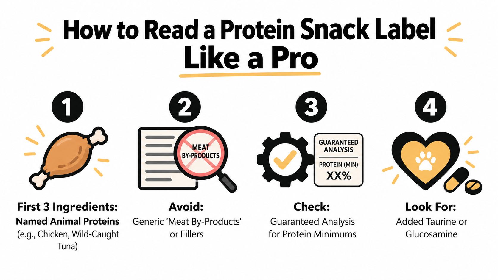 An infographic titled How to Read a Protein Snack Label Like a Pro showing four tips.