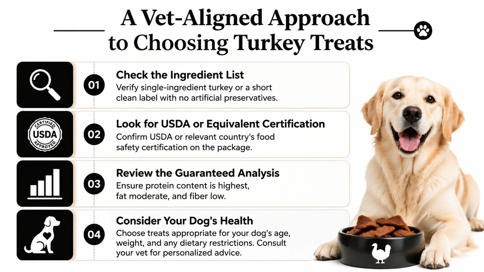 An infographic titled A Vet-Aligned Approach to Choosing Turkey Treats next to a happy dog eating treats.