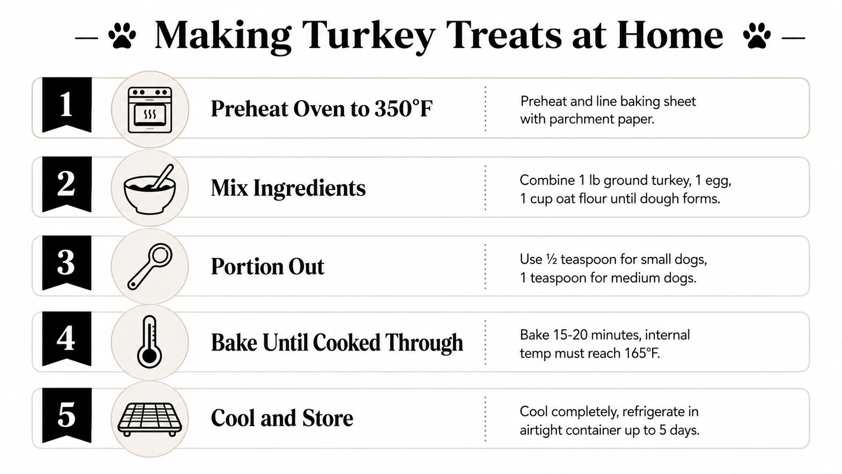A five-step instructional guide on how to make homemade turkey treats for dogs in a simple infographic.