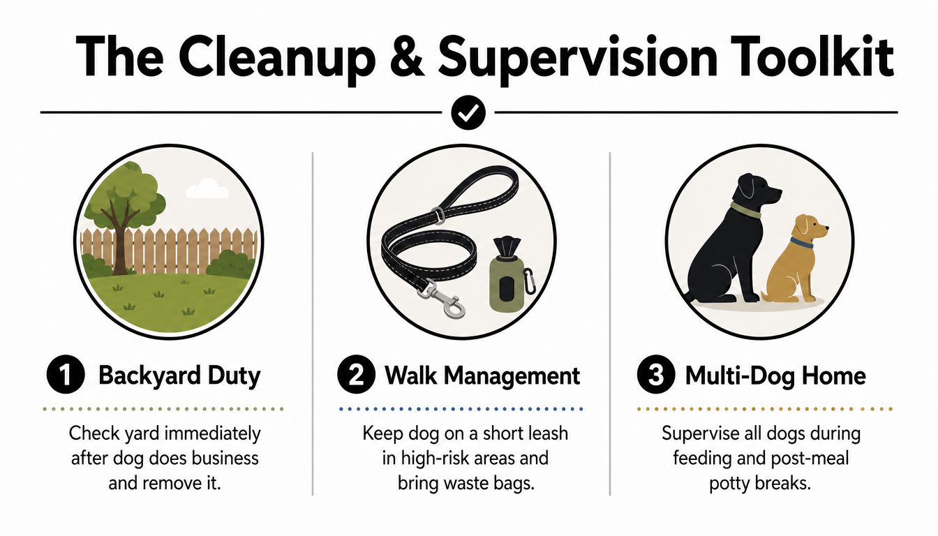 An infographic titled The Cleanup & Supervision Toolkit showing three tips for managing dog waste and supervision.