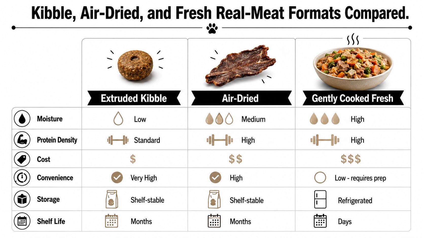 A comparison chart showing the differences between extruded kibble, air-dried, and gently cooked fresh pet food formats.