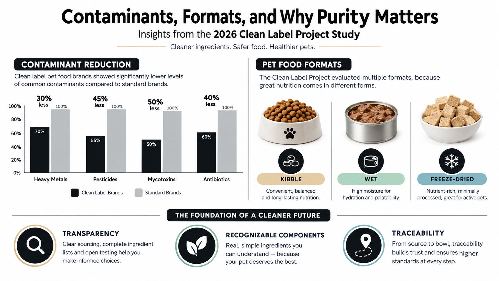 An infographic showing clean label pet food has lower contaminants compared to standard pet food brands.