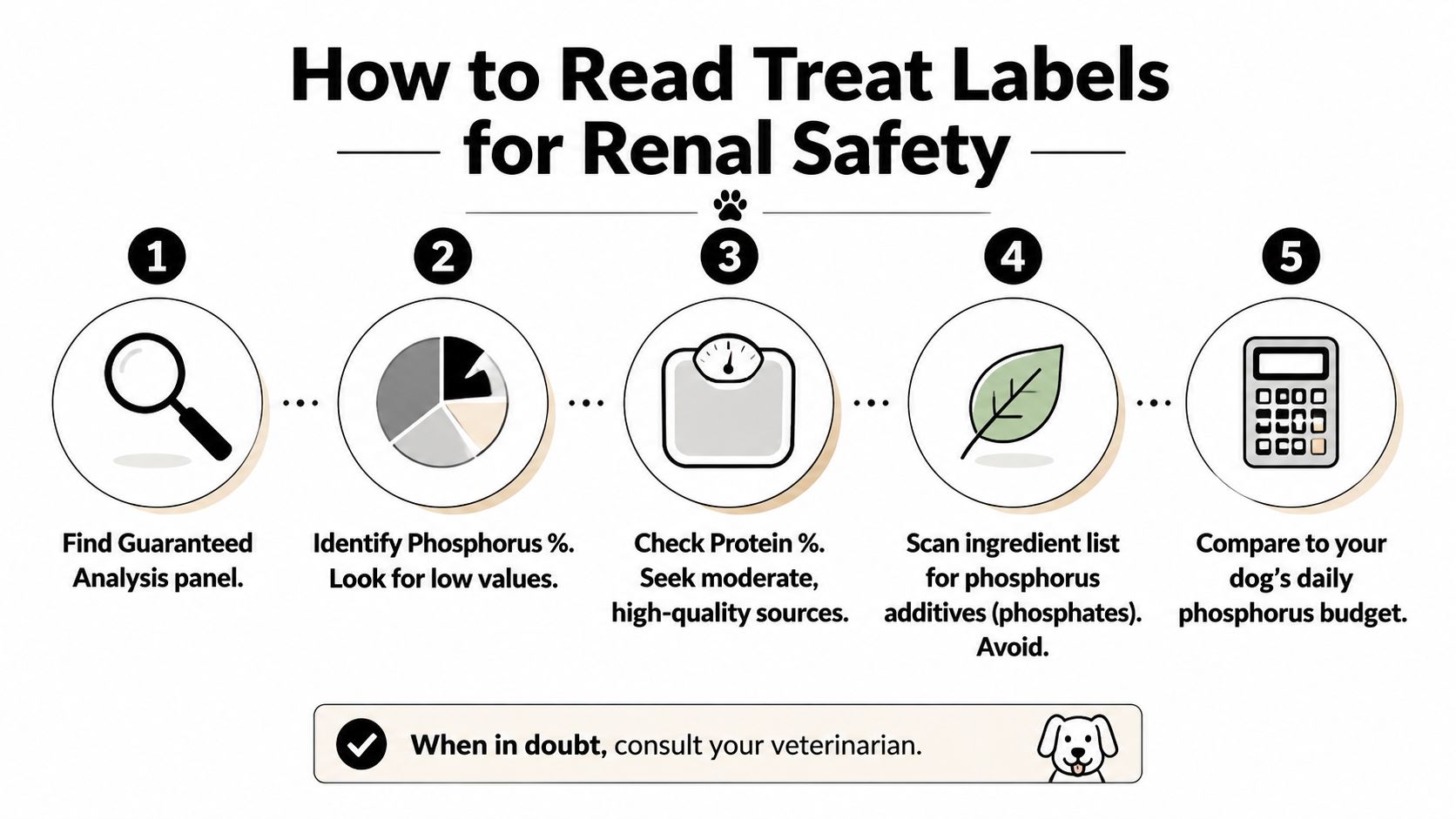 A step-by-step infographic on how to read dog treat labels to ensure safety for renal health.
