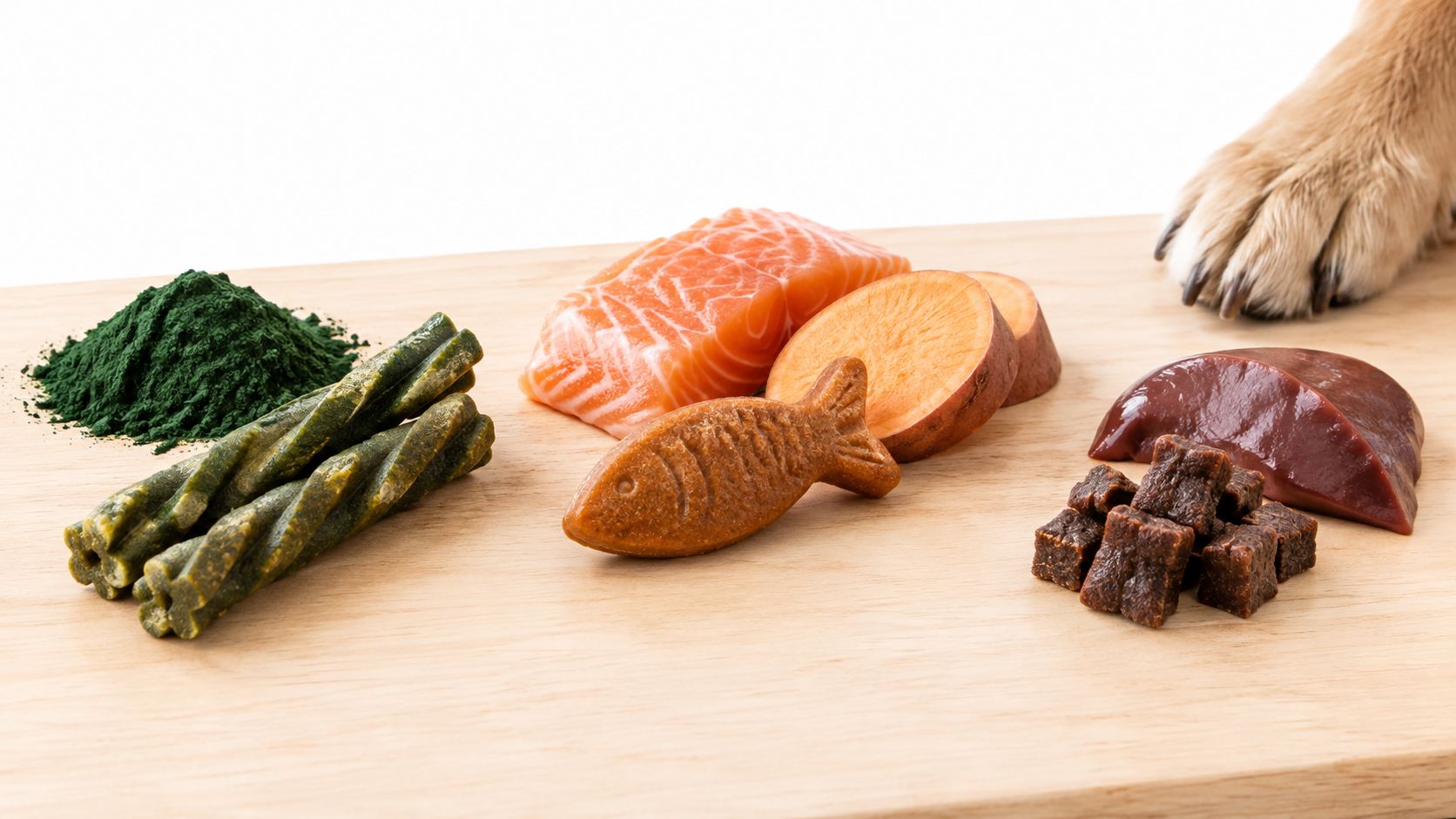Various raw ingredients and snacks for dogs laid out on a wooden cutting board with a paw.
