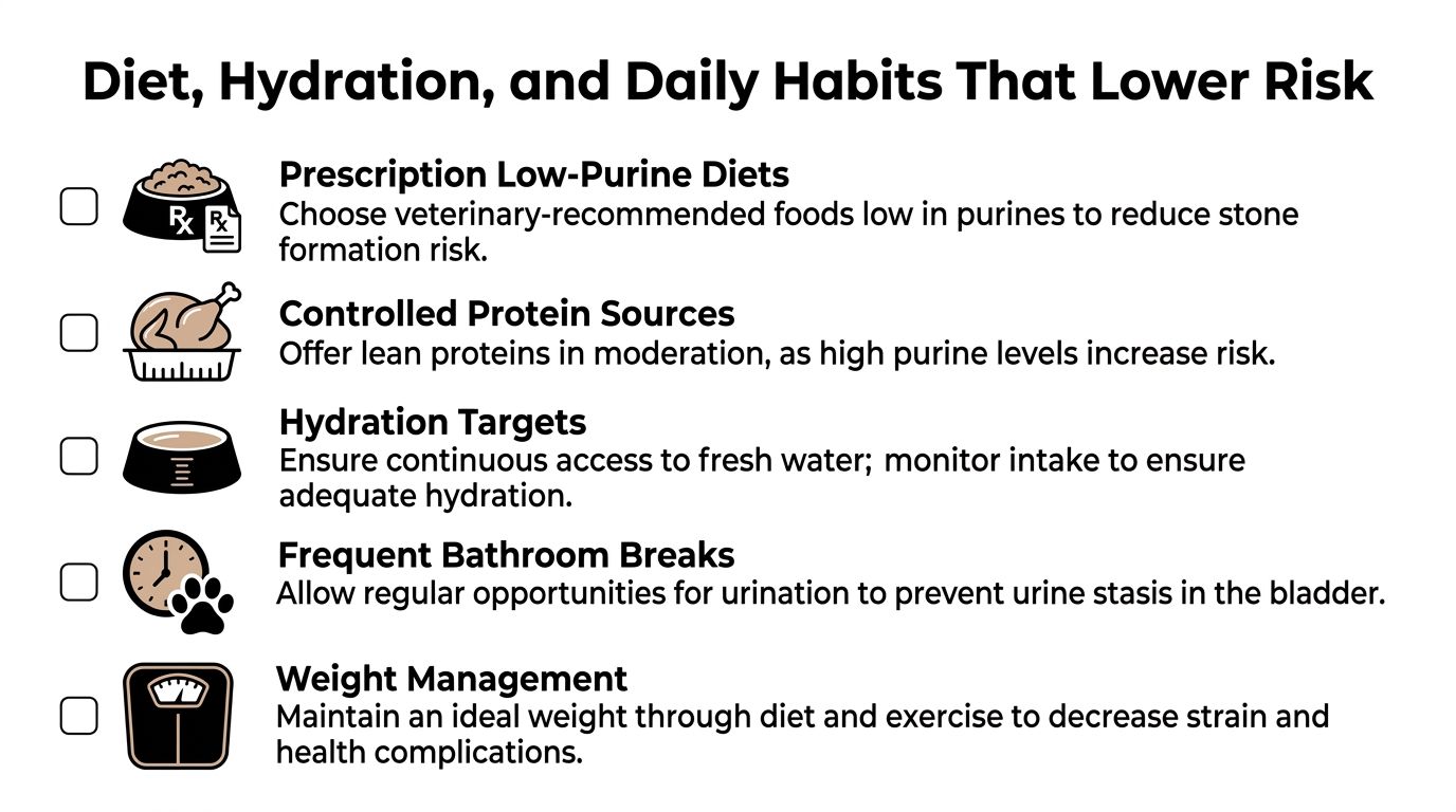 A checklist of dietary and lifestyle habits to lower the risk of urinary stones in pets.