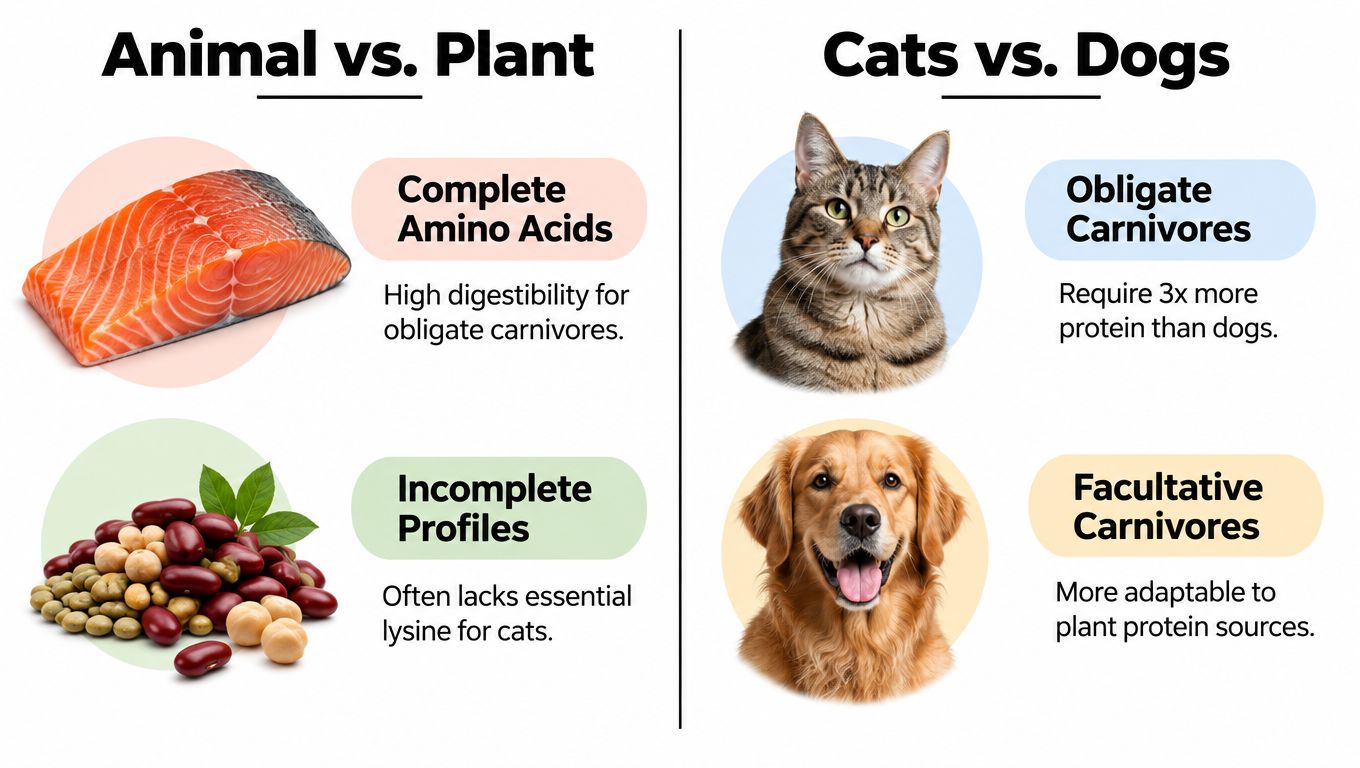 A comparison chart showing differences between animal and plant proteins, and the dietary needs of cats and dogs.