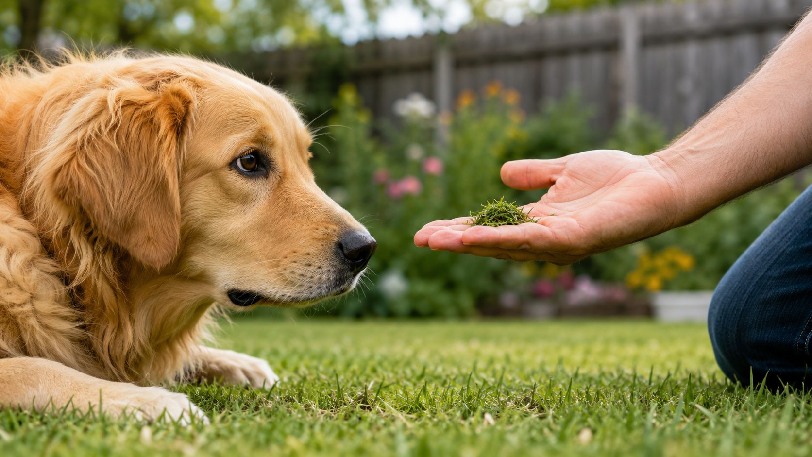 A person holding a small pile of grass clippings in their palm for a golden retriever to investigate.