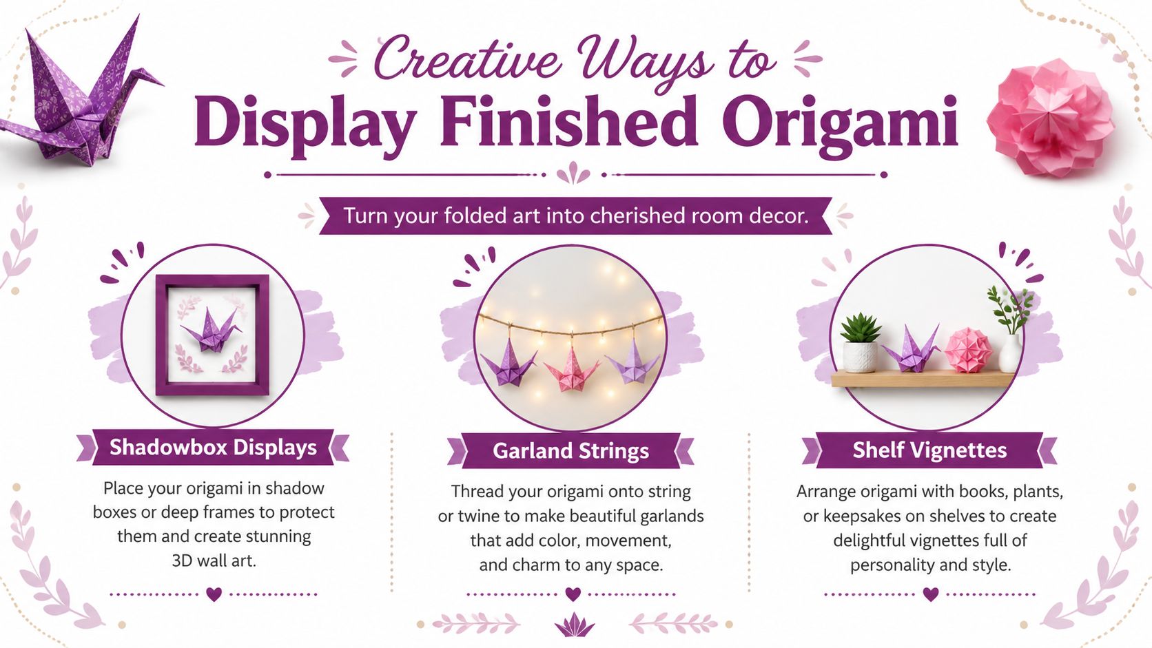 Finished origami displayed in shadow boxes, garlands, and shelf arrangements