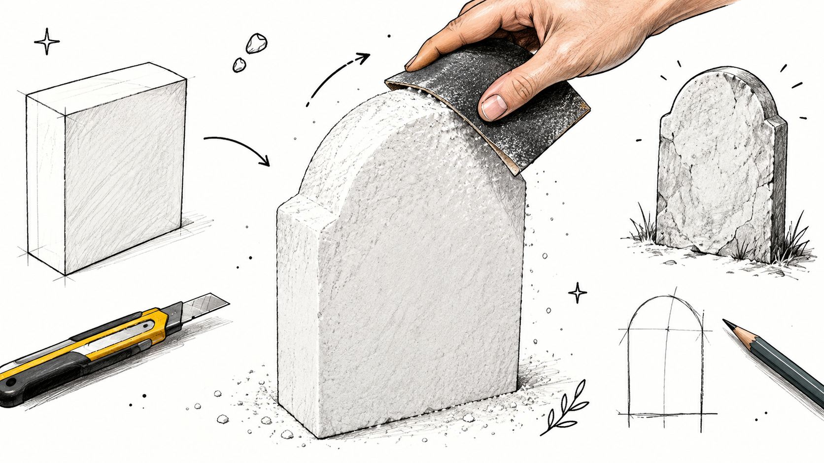 A DIY illustration showing the process of crafting a custom tombstone for Halloween decorations using foam blocks.