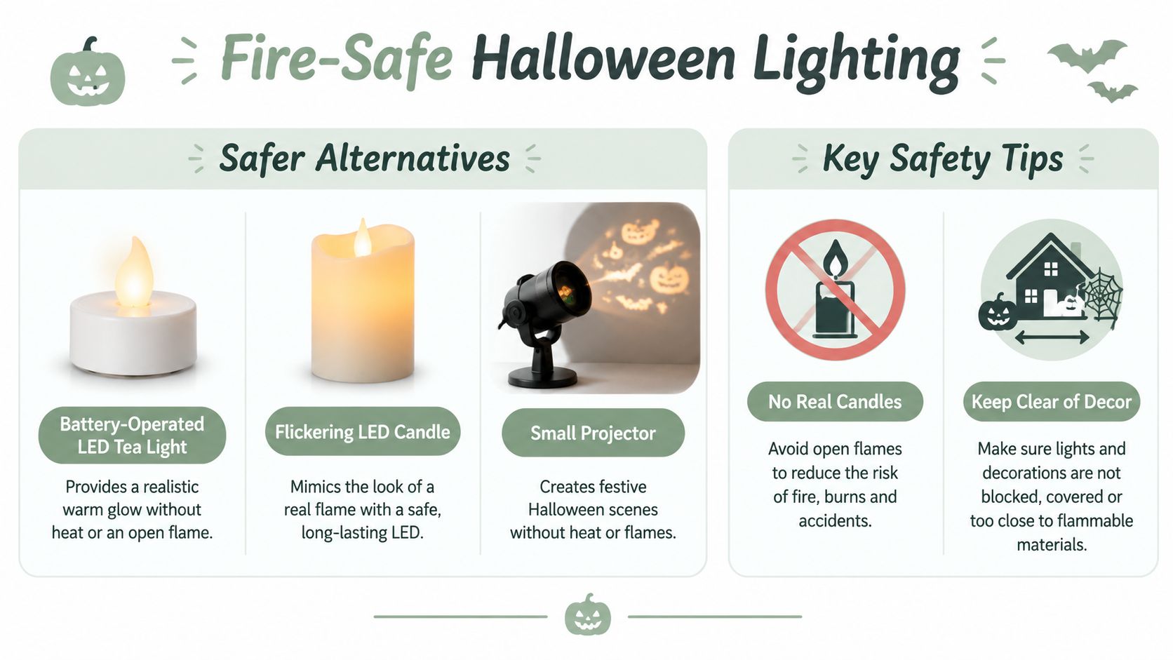 A graphic showing fire-safe Halloween lighting alternatives like LED candles and projectors plus essential safety tips.
