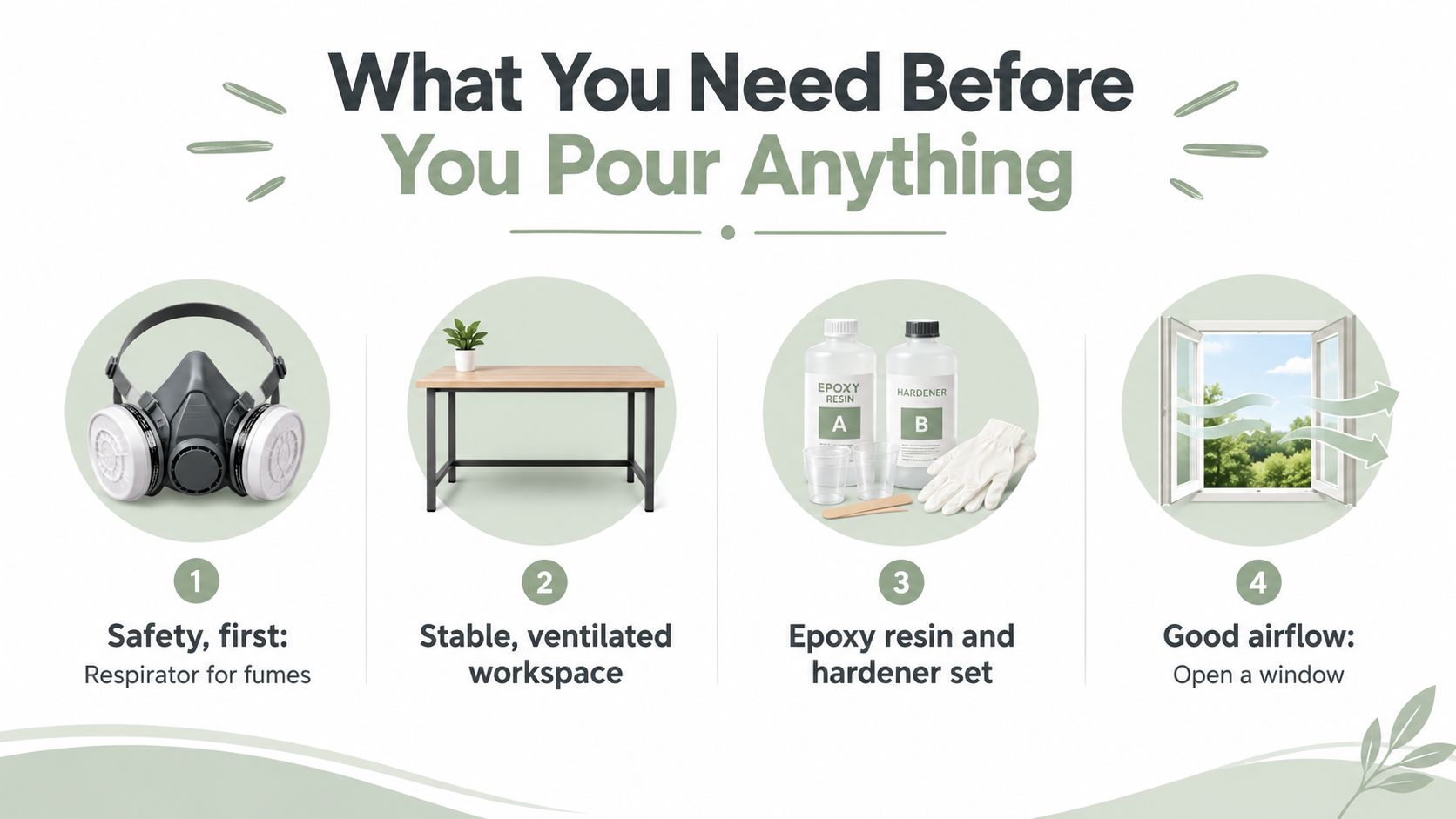 An infographic showing four essential items needed before starting an epoxy resin project for beginners.