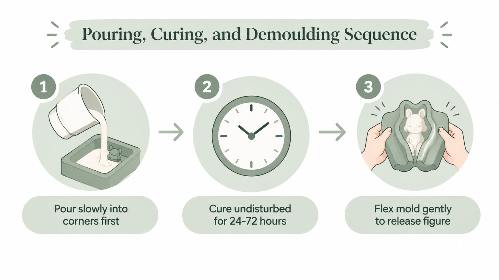 An infographic showing the three steps to make resin figurines: pouring, curing for 24-72 hours, and demoulding.