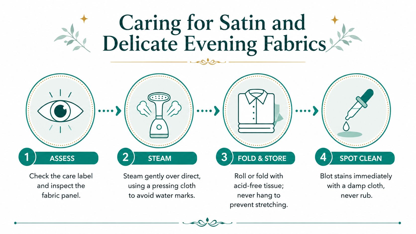 A four-step infographic illustrating how to care for satin and delicate evening wear fabrics properly.