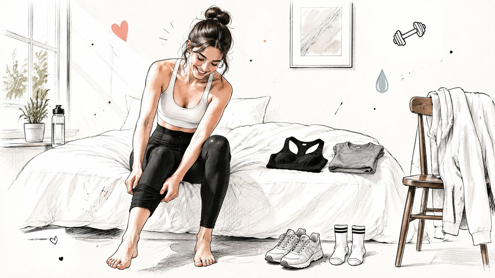 A woman putting on black leggings while preparing for a fitness workout in her bedroom setting.