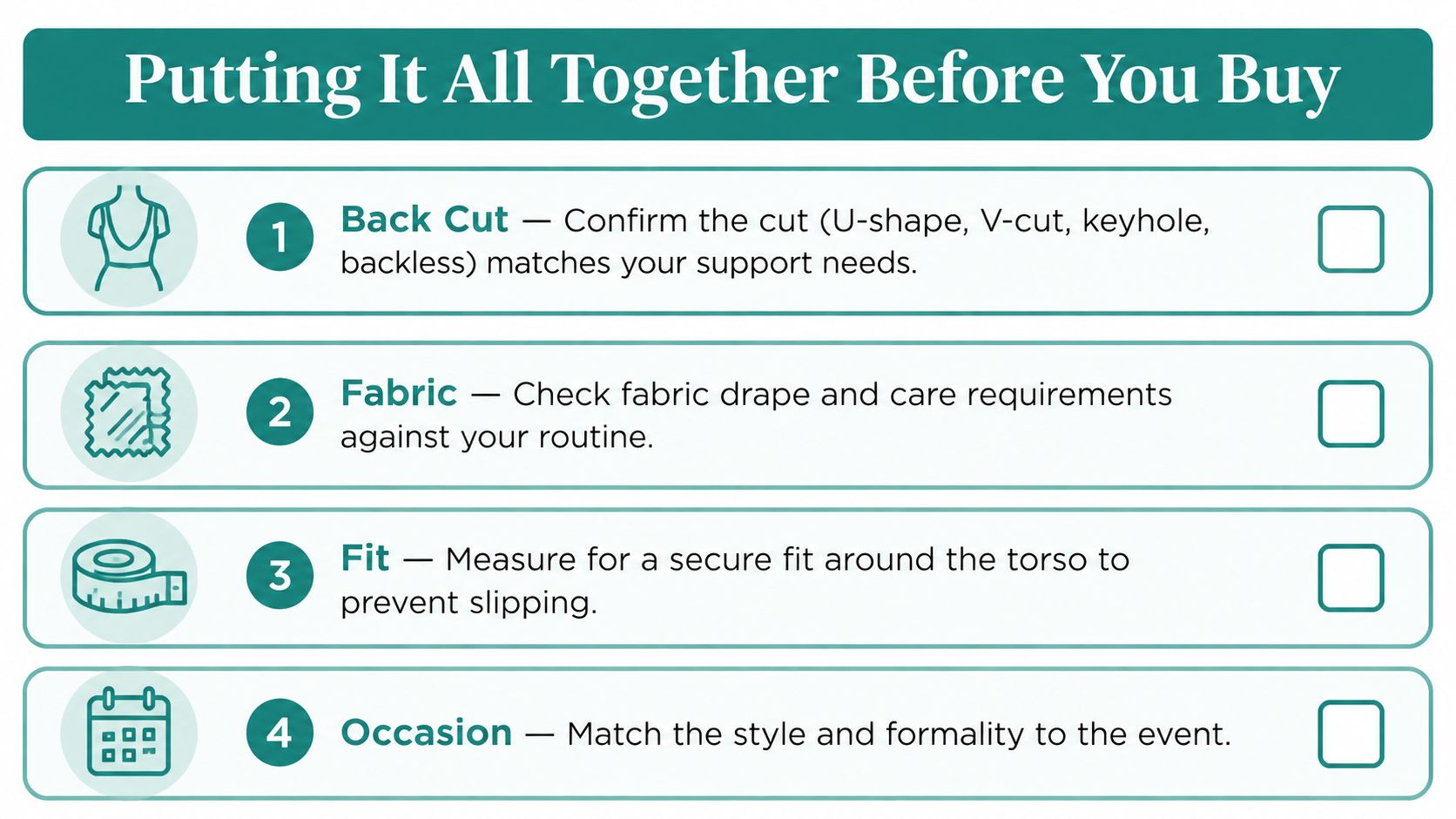 A checklist titled Putting It All Together Before You Buy, listing steps for choosing clothing.