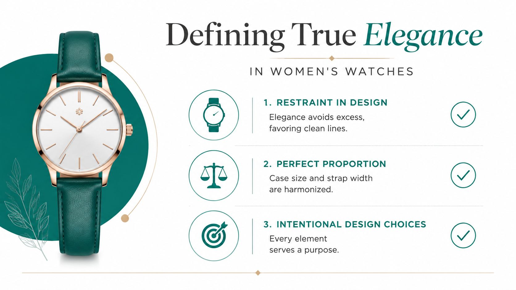 A luxurious women's watch with a green leather strap displayed alongside design principles for true elegance.