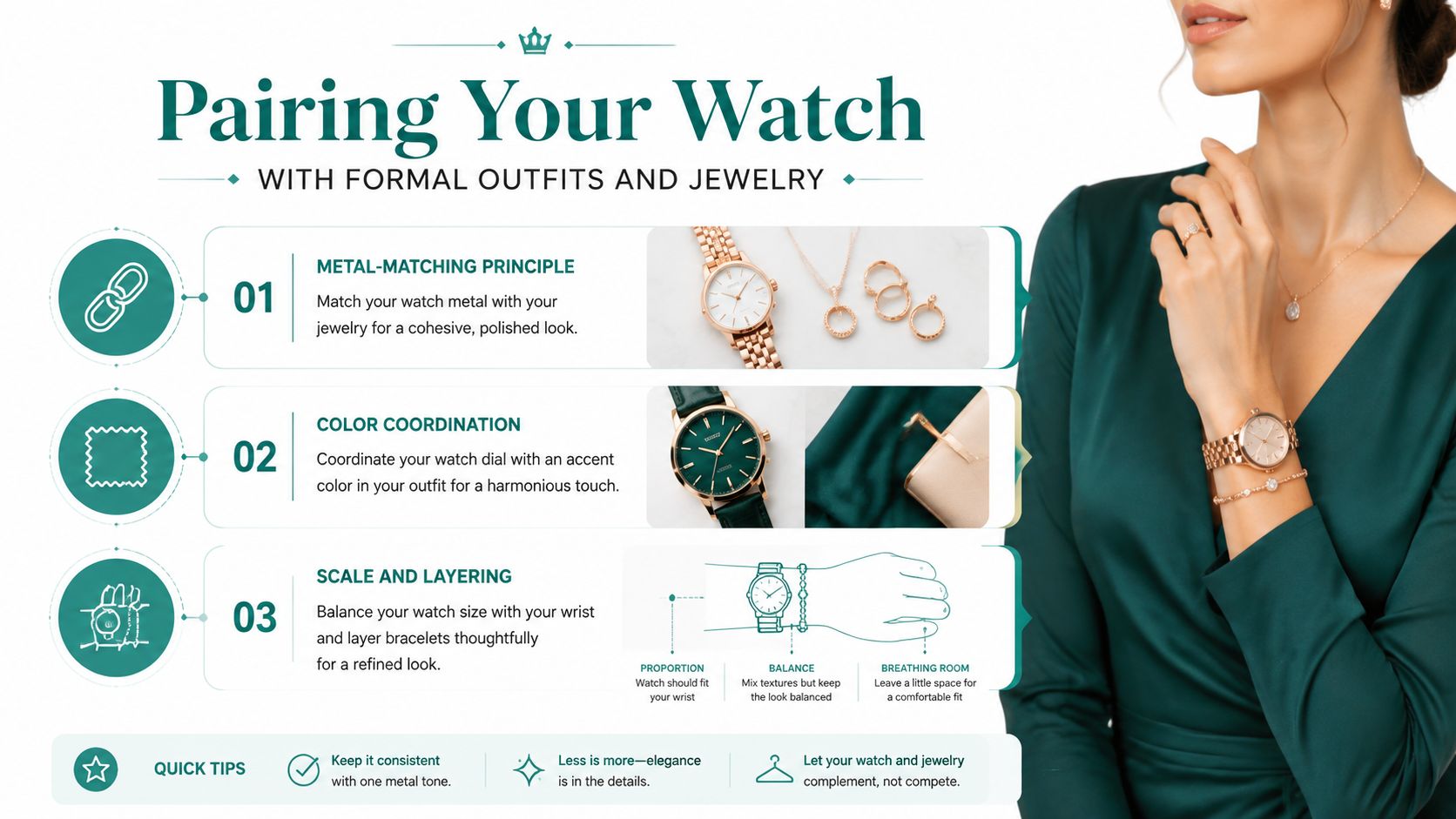 An elegant infographic guide on pairing watches with formal outfits and jewelry for a polished look.