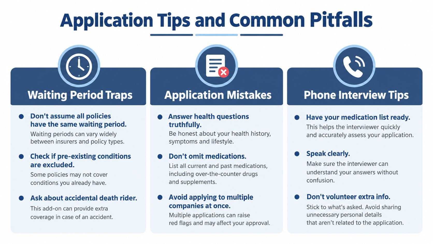 An infographic titled Application Tips and Common Pitfalls, offering advice on insurance waiting periods, application honesty, and phone interview preparation.