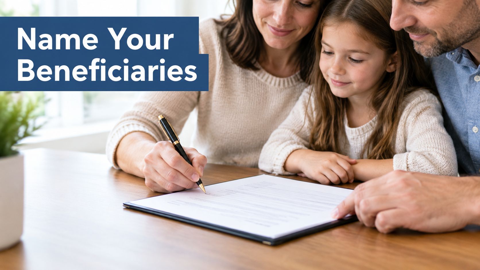A family of three smiling as a parent fills out a life insurance policy document together.