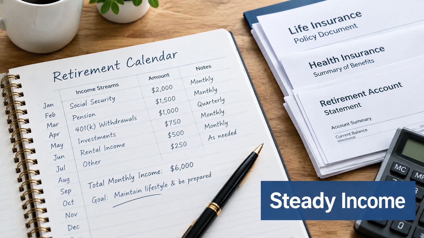 A retirement calendar planner with income streams, insurance documents, and a calculator on a wooden desk.