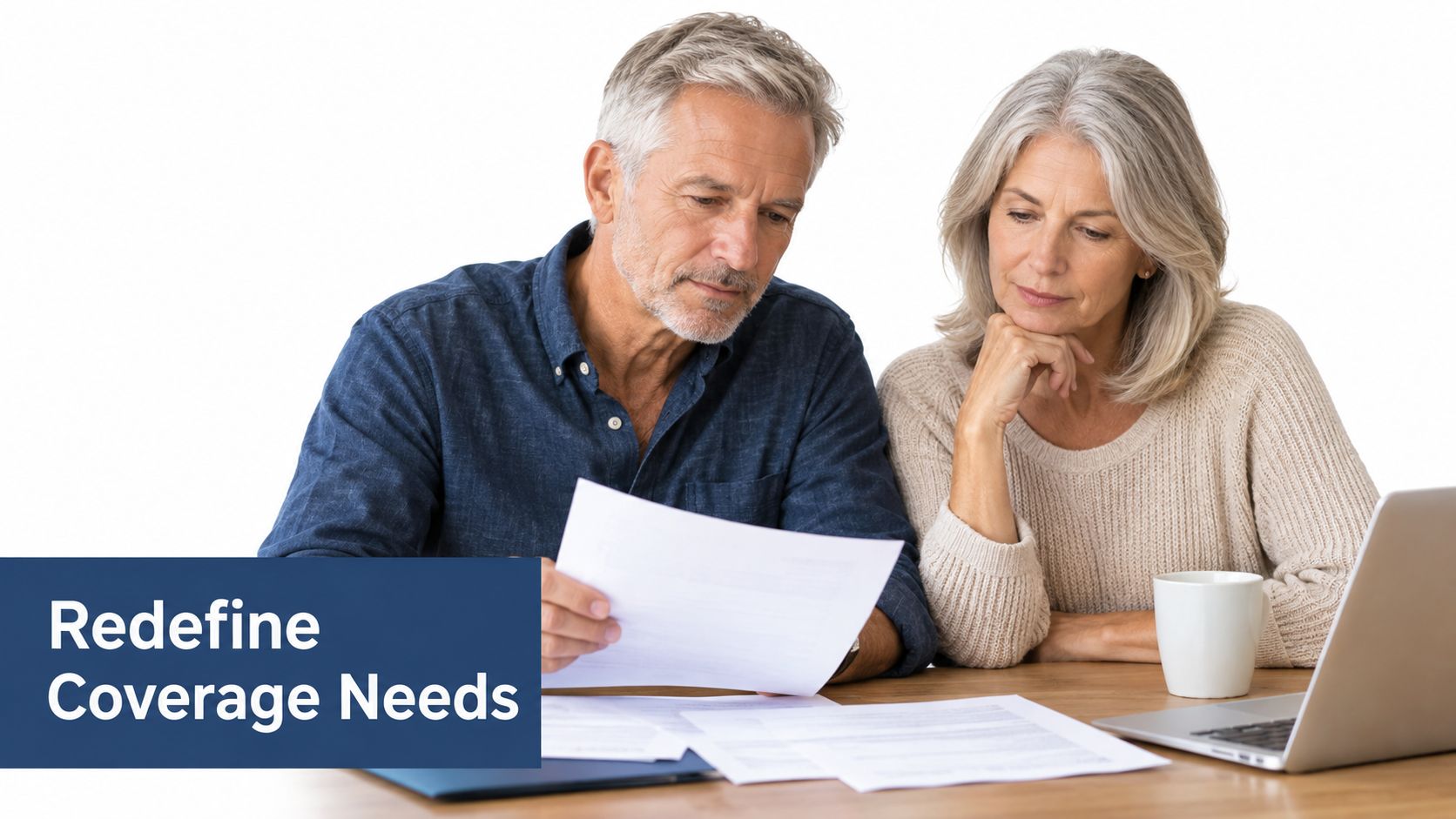 A mature couple reviewing financial documents together at a table to evaluate their life insurance coverage needs.