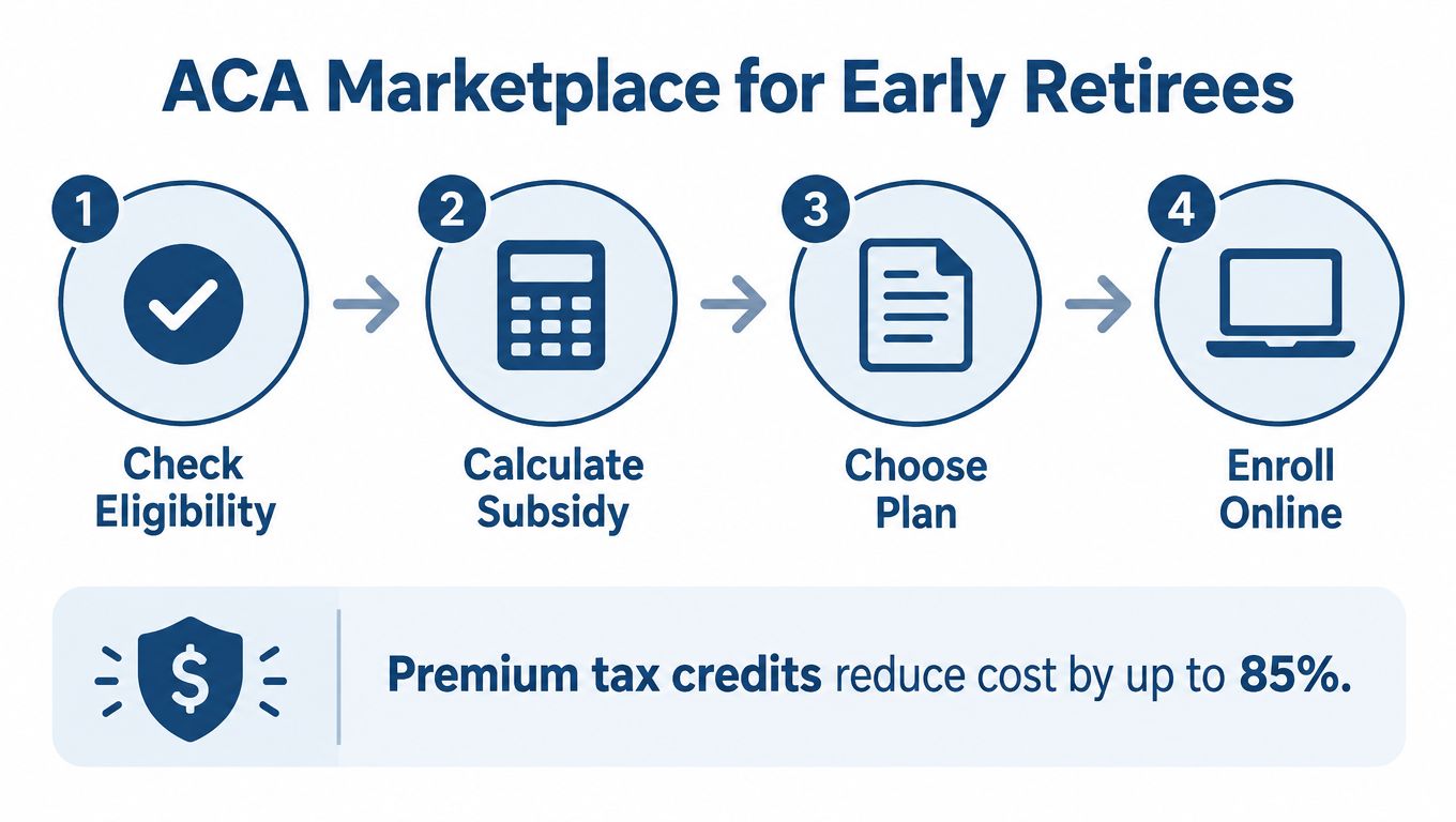 A four-step infographic showing the ACA marketplace enrollment process for early retirees, including checking eligibility and calculating subsidies.