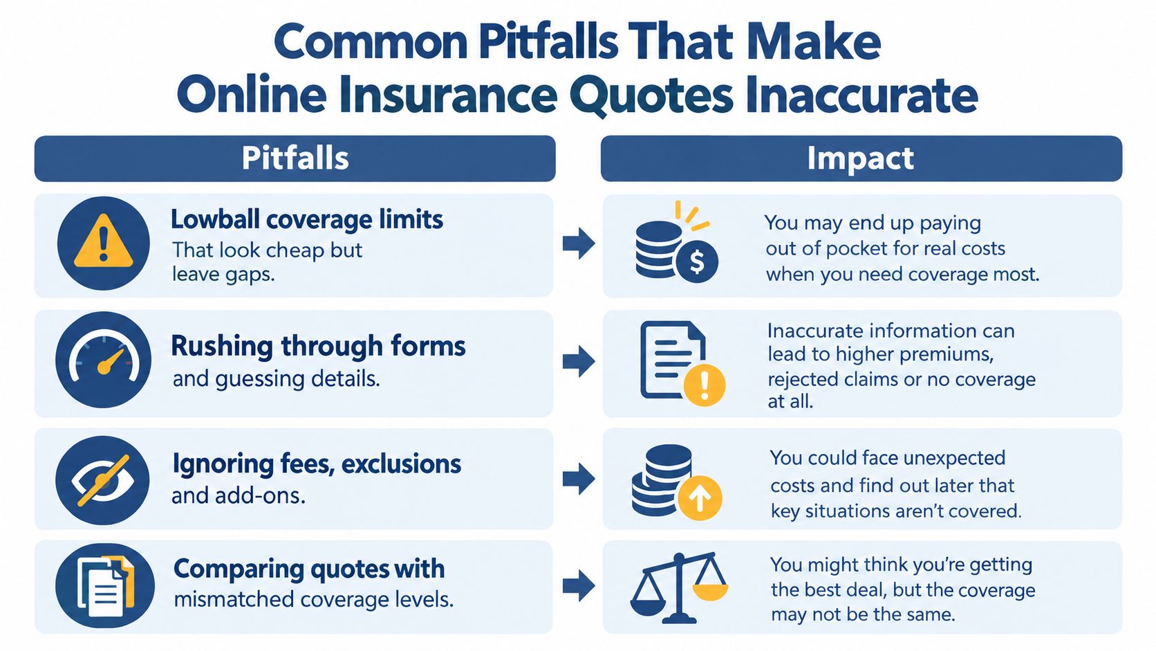 A chart illustrating four common pitfalls that make online insurance quotes inaccurate and their potential negative impacts.