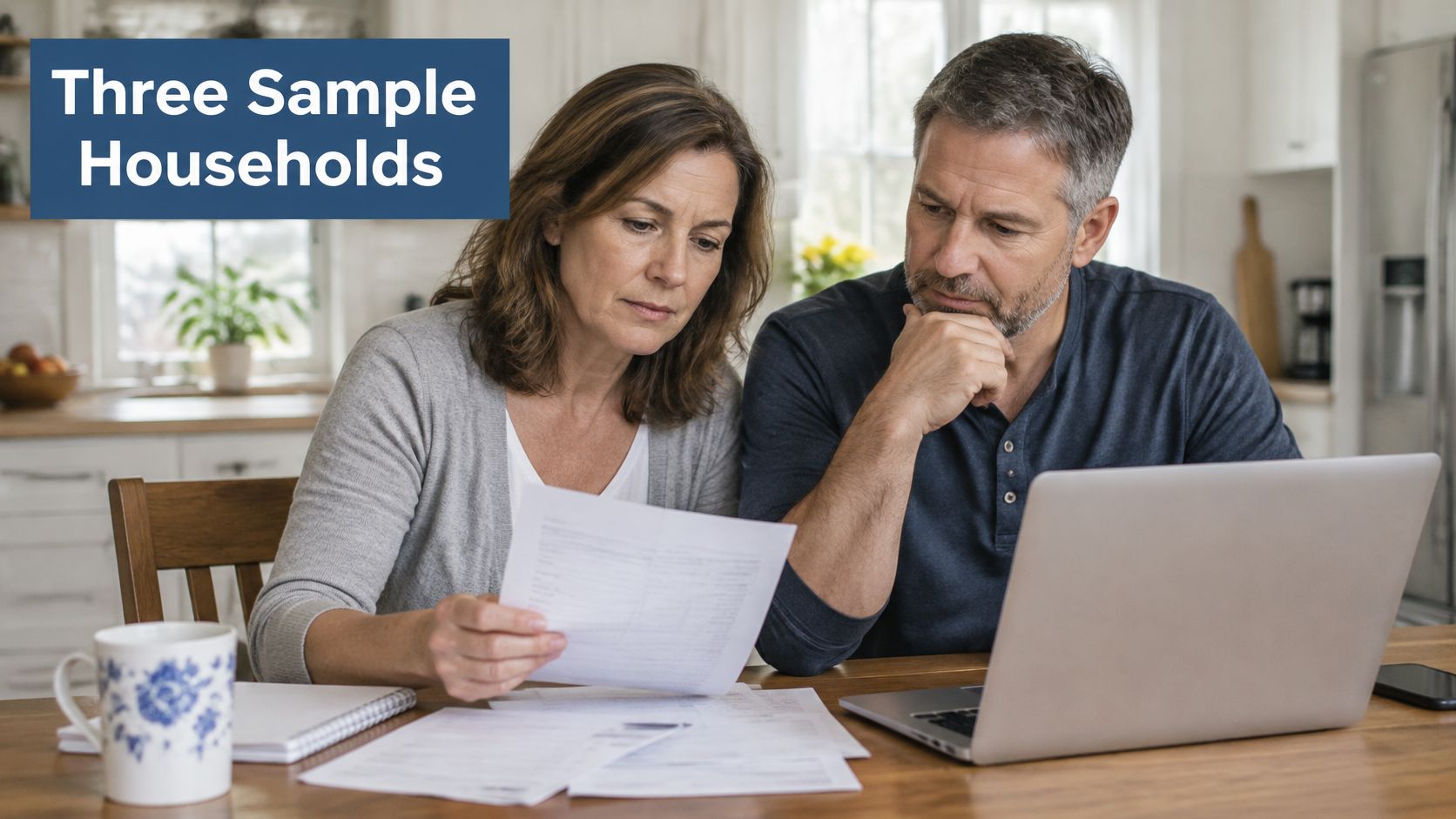 A middle-aged couple reviews financial documents together on a laptop at their kitchen table.
