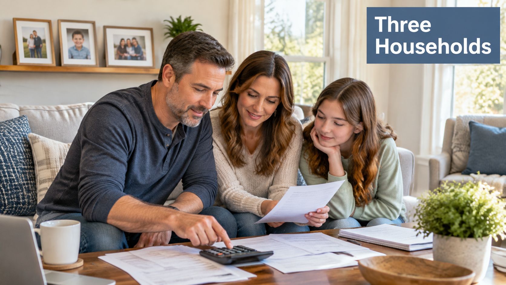 A family of three sits on a sofa, reviewing financial documents and using a calculator together at home.