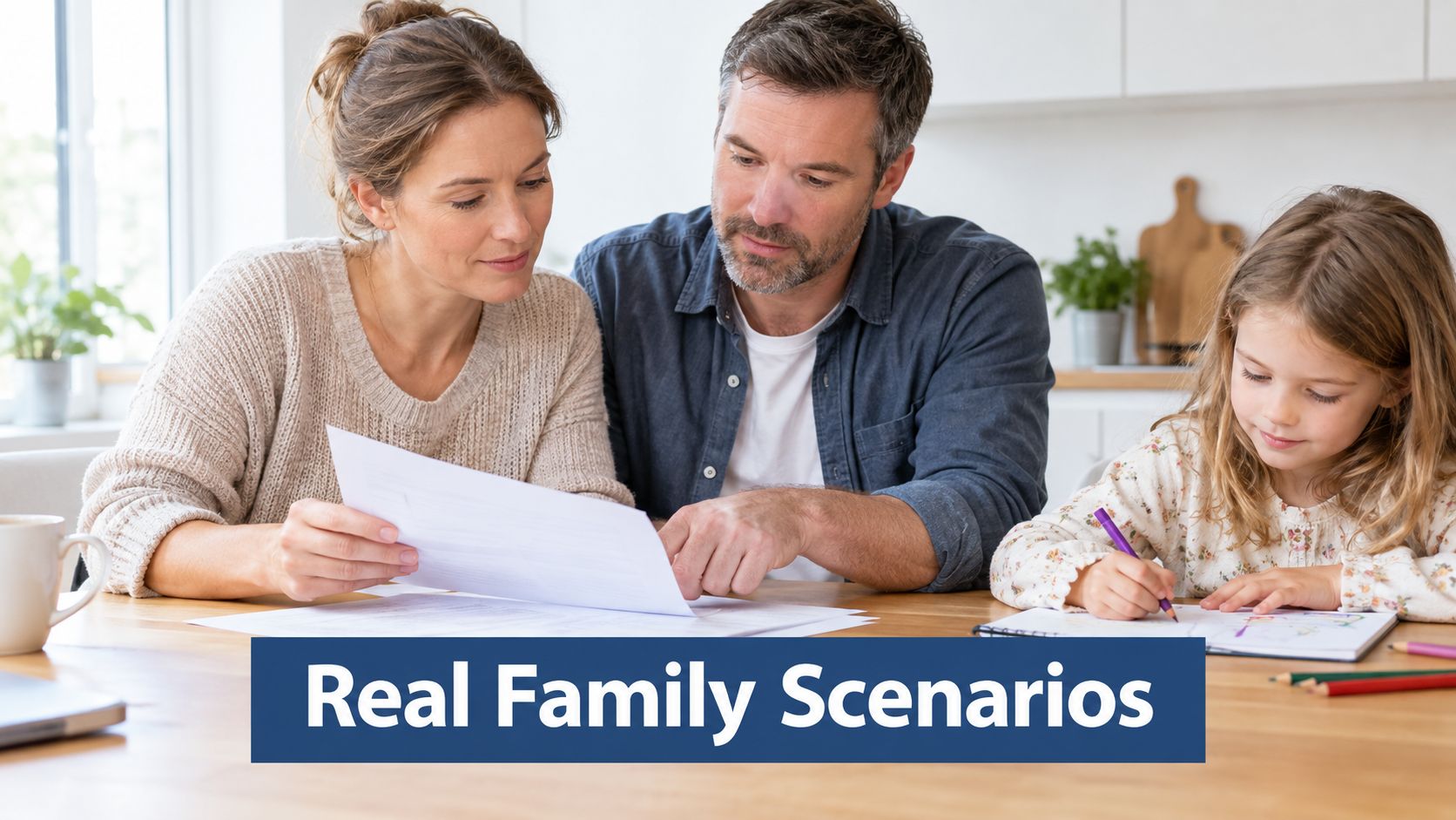 A family of three reviewing financial documents together at a wooden table in their kitchen.
