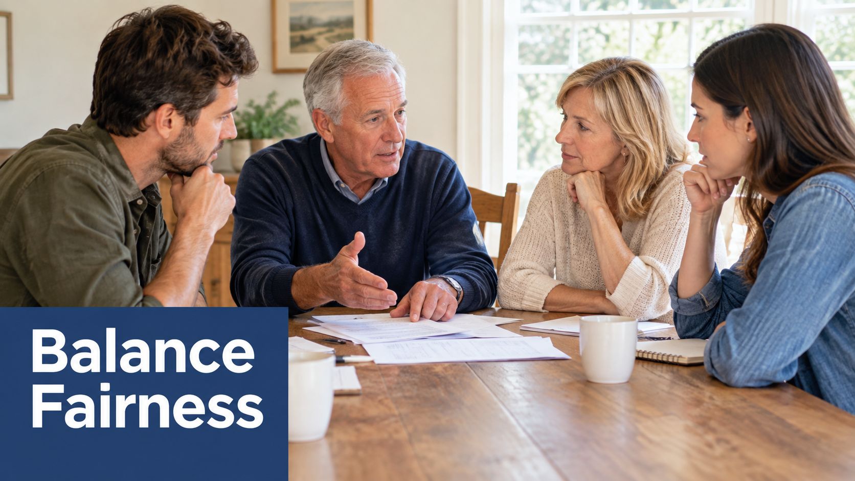 A family of four discussing estate planning documents while sitting at a wooden dining table together.