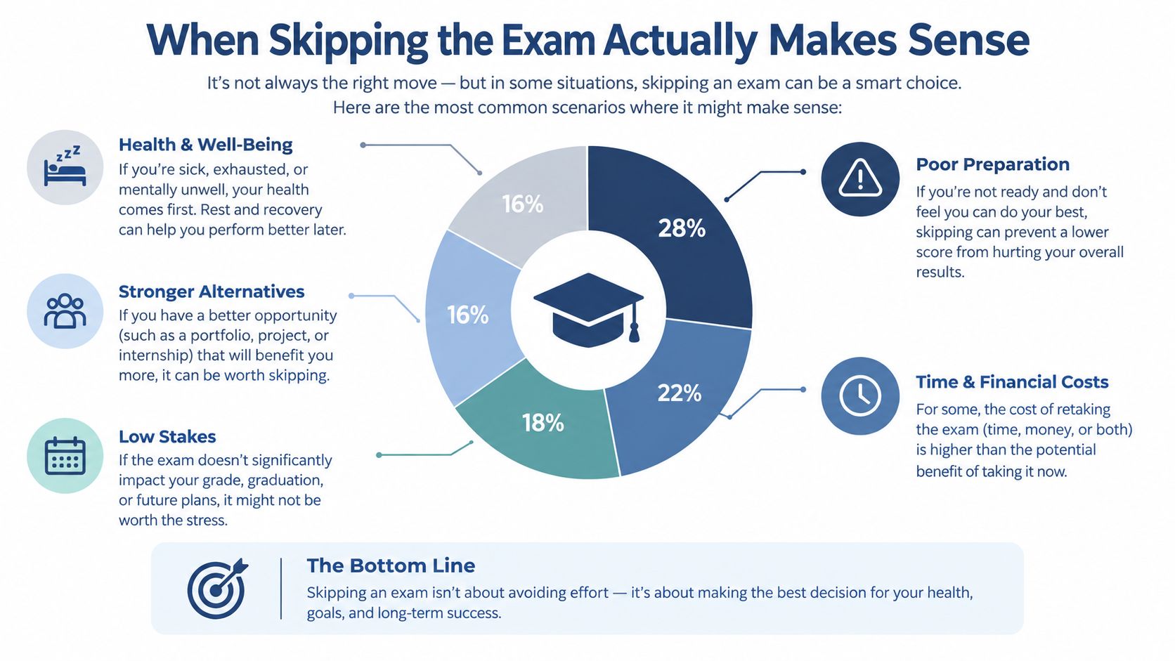 A pie chart explaining five common scenarios when it is considered a smart choice to skip an exam.