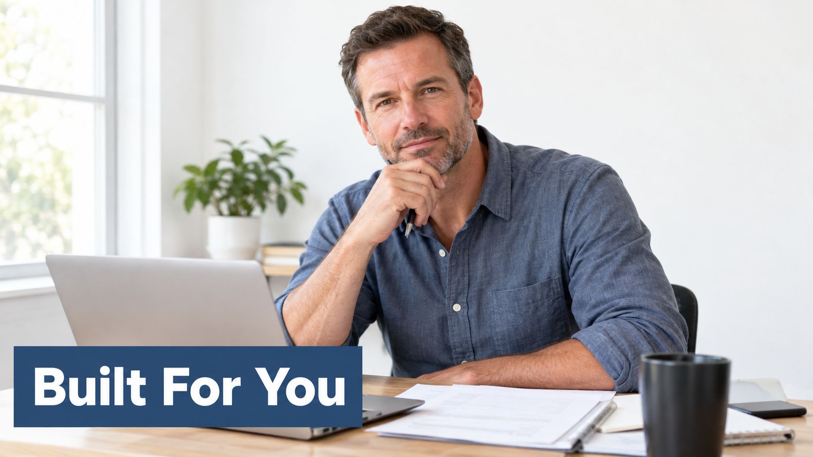 A professional man sitting at his desk looking at the camera with a laptop and documents.