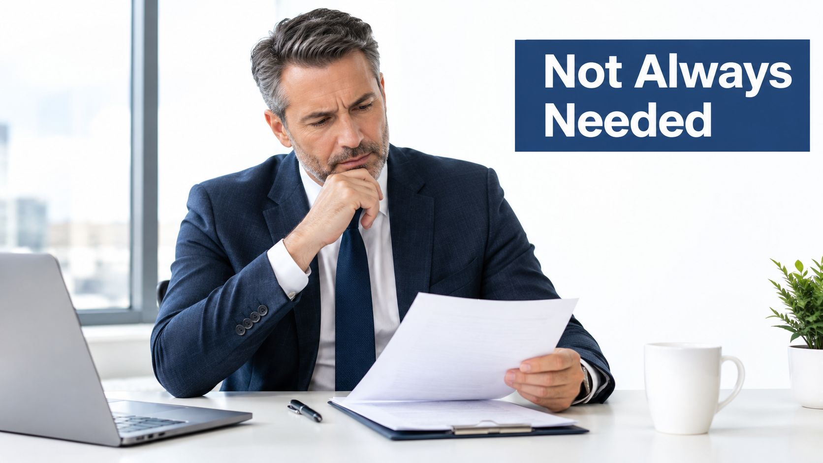 A professional man in a suit looking thoughtfully at documents while sitting at an office desk.