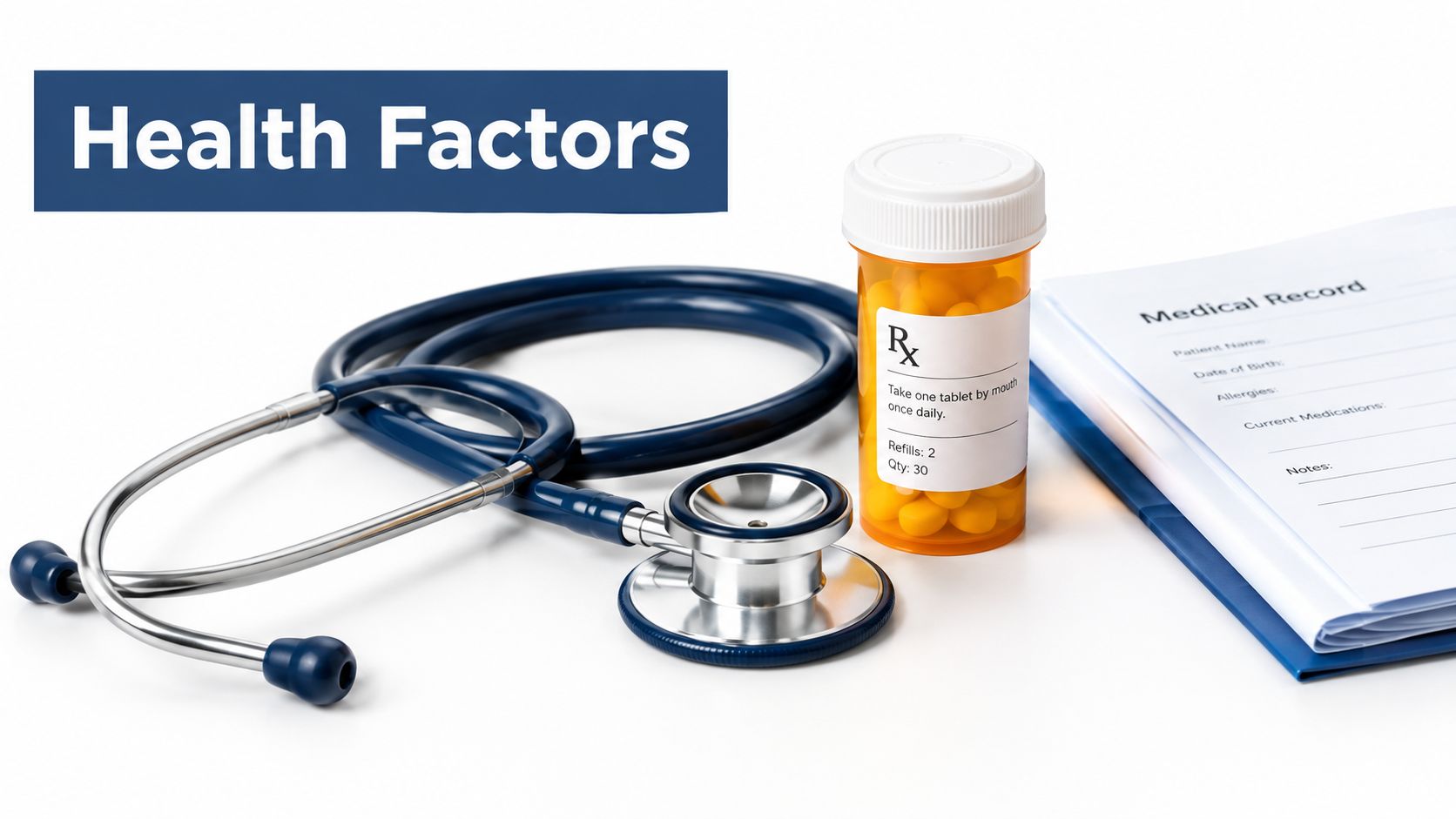A stethoscope, a prescription medication bottle, and a medical record document on a clean white surface.