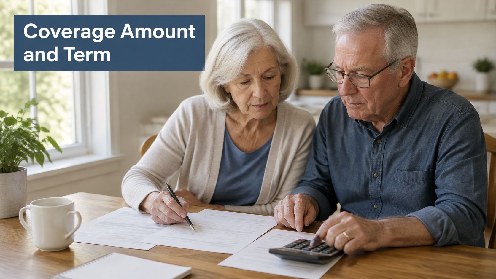 An elderly couple sitting at a wooden table reviewing financial documents and using a calculator together.