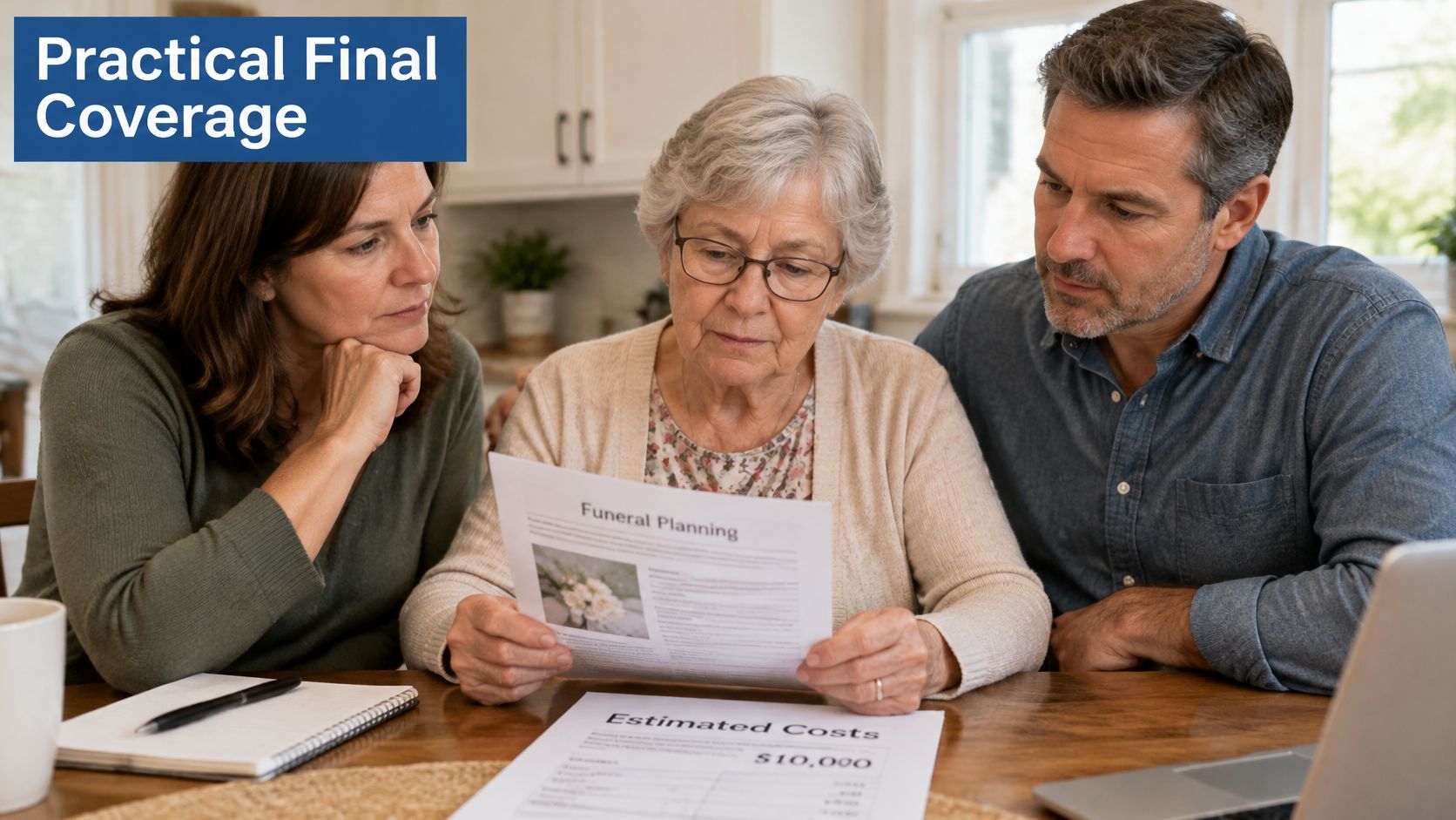 An older woman sits at a table with her daughter and son reviewing funeral planning documents.
