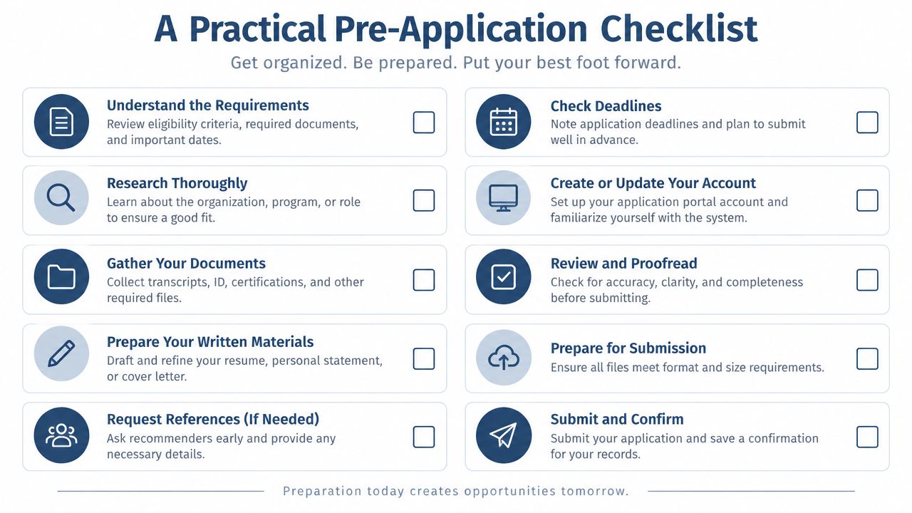 A checklist graphic titled A Practical Pre-Application Checklist to help people prepare their application documents effectively.