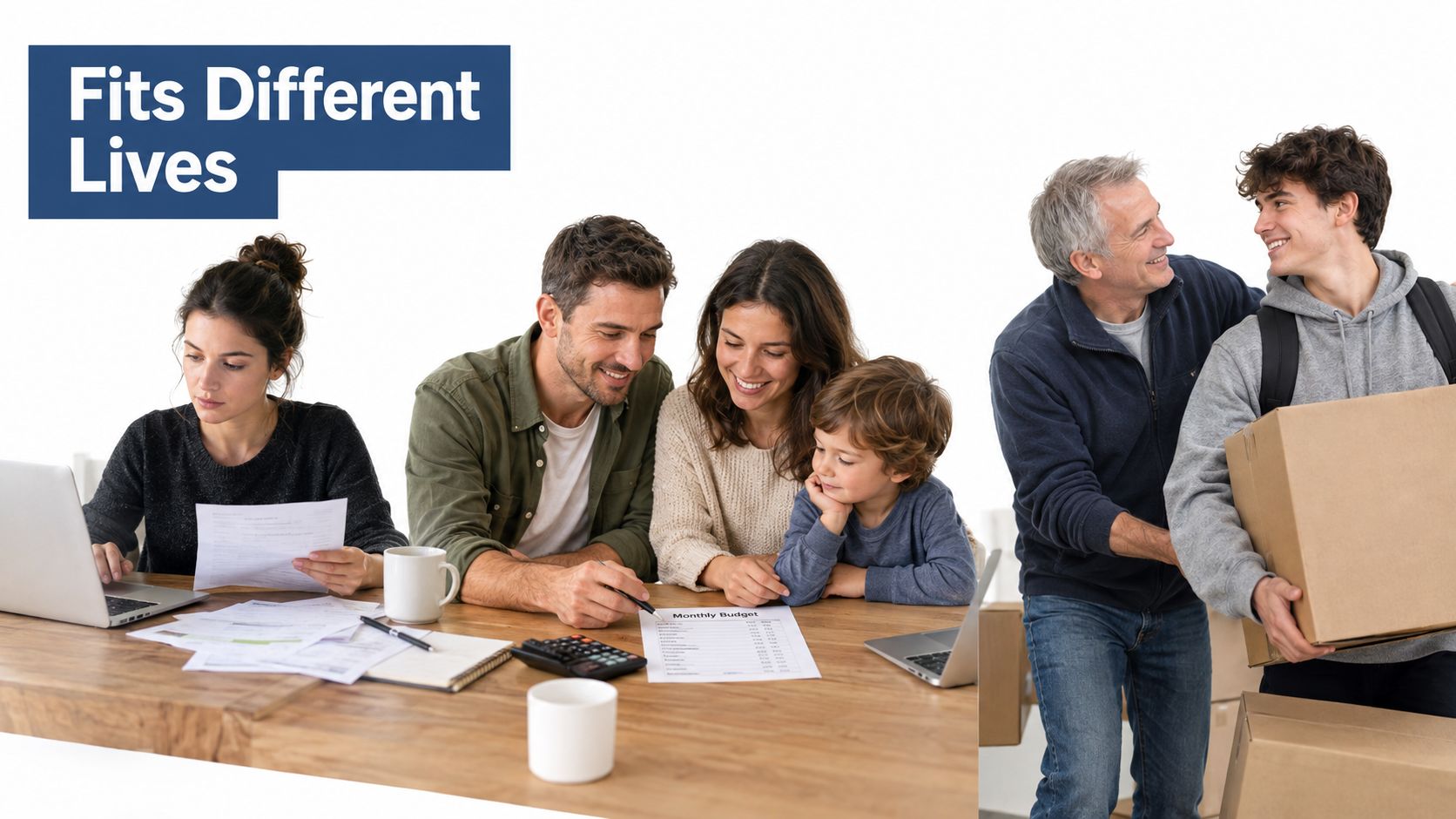A diverse group of people depicting various stages of life, from financial planning to moving away.
