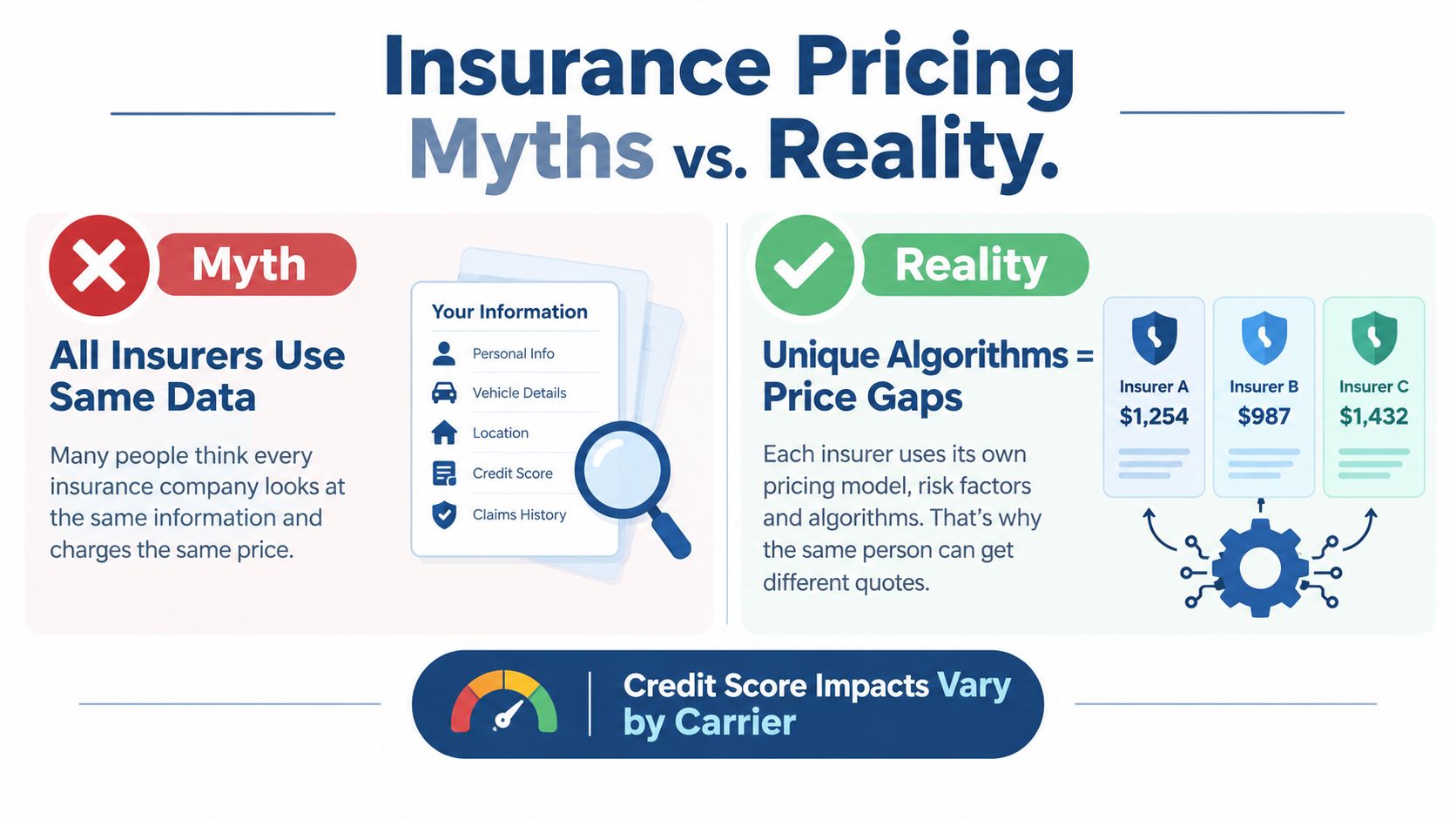 An infographic titled Insurance Pricing Myths vs. Reality comparing how different insurers use unique algorithms to determine premiums.