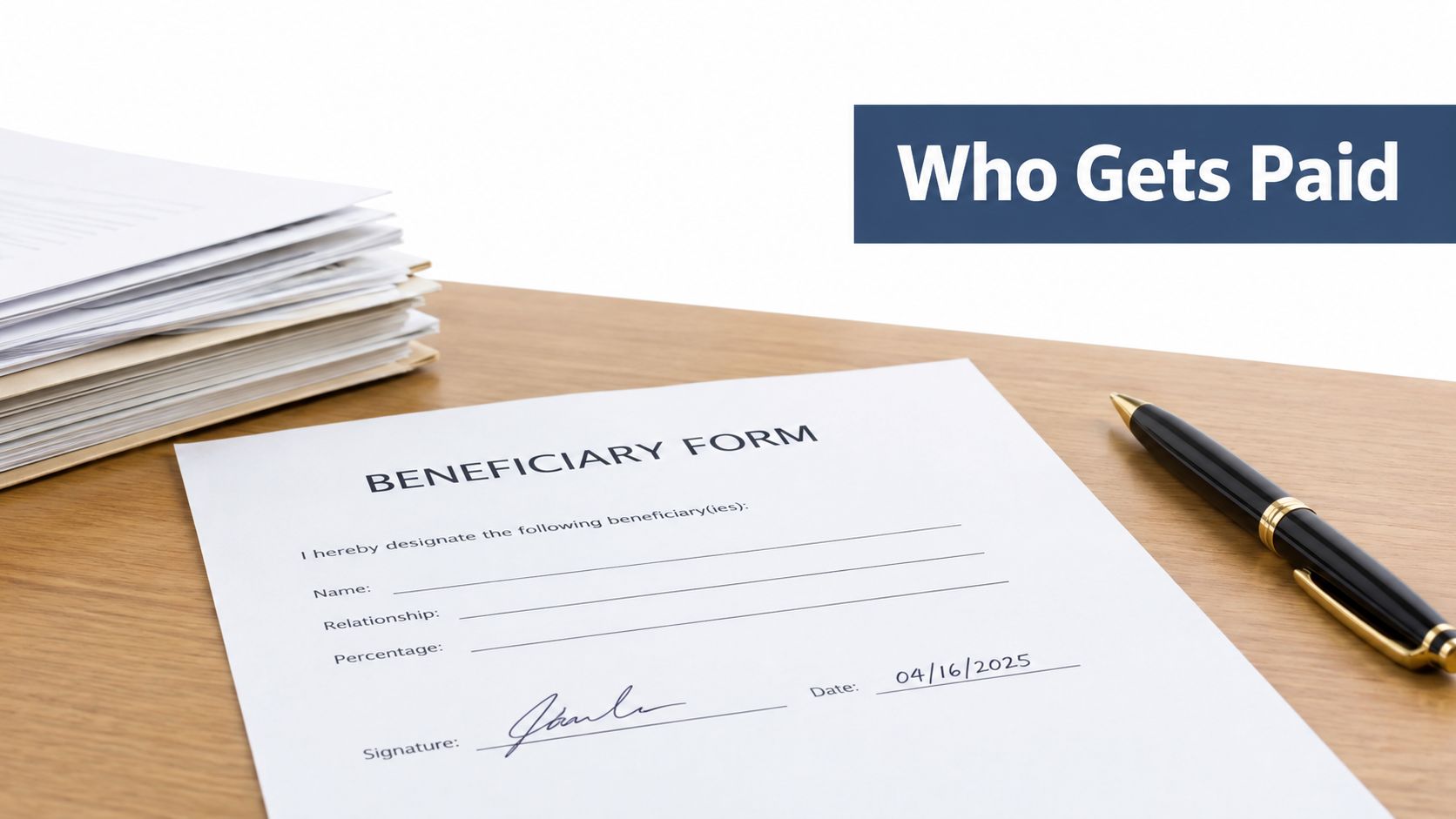 A document titled Beneficiary Form sitting on a desk with a black pen and a stack of papers.